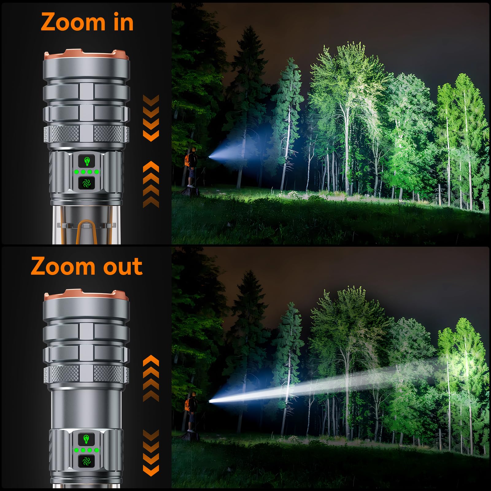 ADDplus Camping Flashlight, 3000 Lumens, 11 Modes, Waterproof, Large, Aluminum, Model HC-G580, Silver
