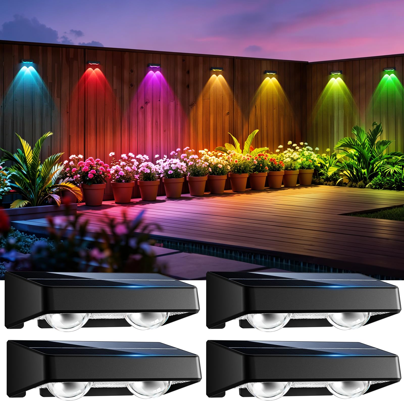 nibuuecer Solar Fence Lights Outdoor  4 Pack Color Changing Fence Lights Solar Powered with 9 RGB Colors & 11 Lighting Modes  IP65 Waterproof Dusk to Dawn Fence Lights for Patio  Deck  Wall  Backyard