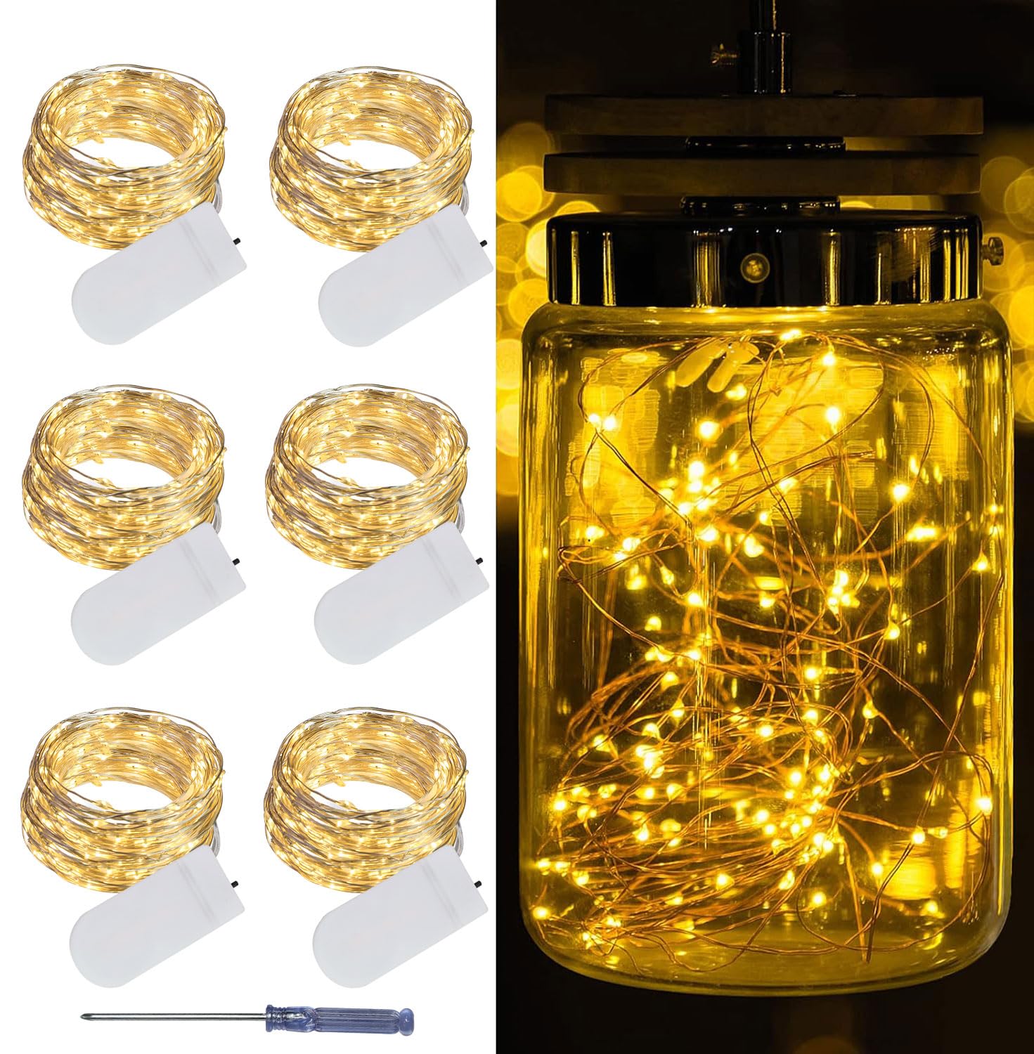 LAMPHOME 6 Pack Fairy Lights Battery Operated String Lights 6.6ft 20 Led Mason Jar Lights Waterproof Silver Wire Light Fireflies DIY Party Wedding Christmas Decoration(6 Pack,Warm White)