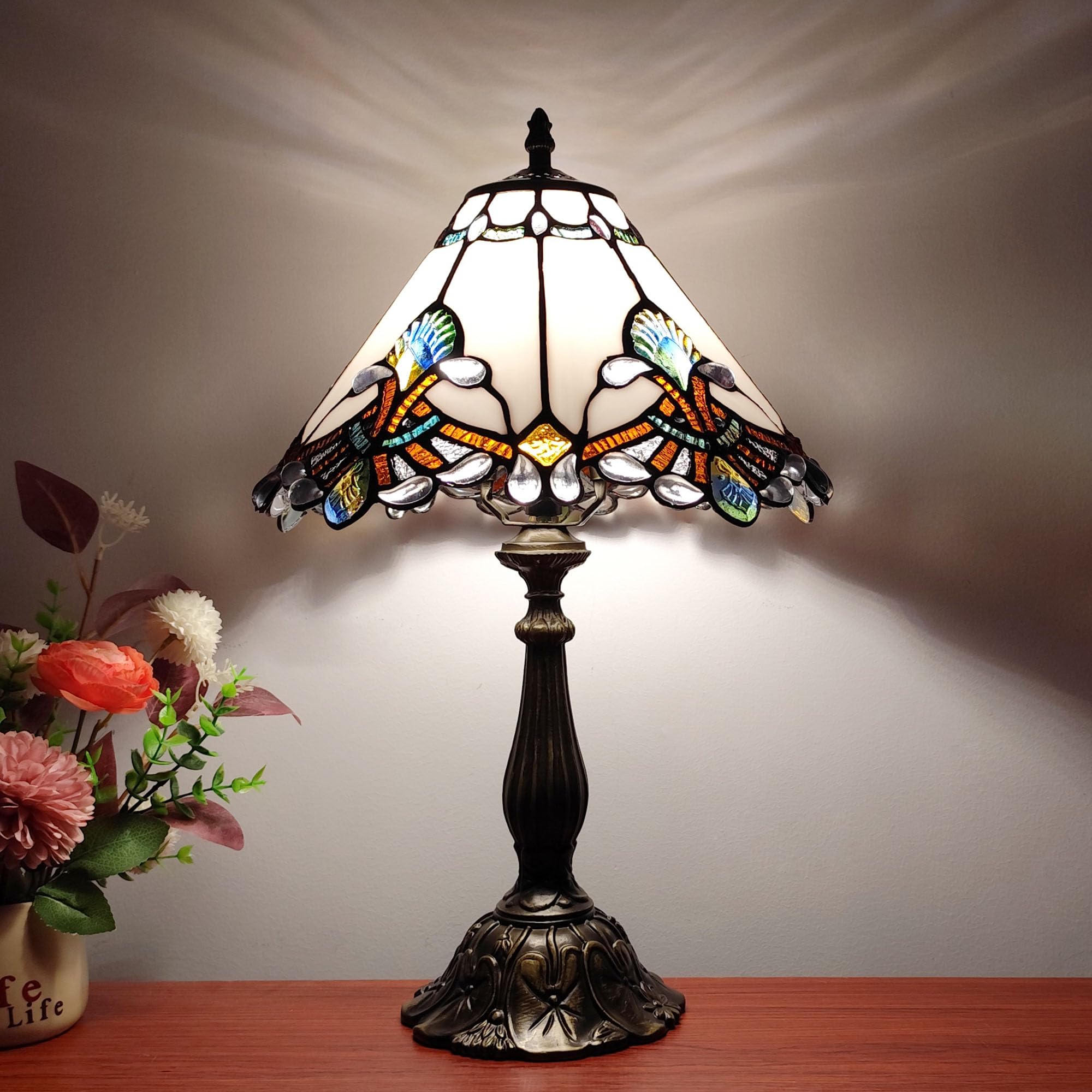 XPHMXP Tiffany Lamp White Baroque Style Stained Glass Lamp 12X12X19 inch Vintage Bedroom Table lamp 3-Way Tiffany Style Reading 