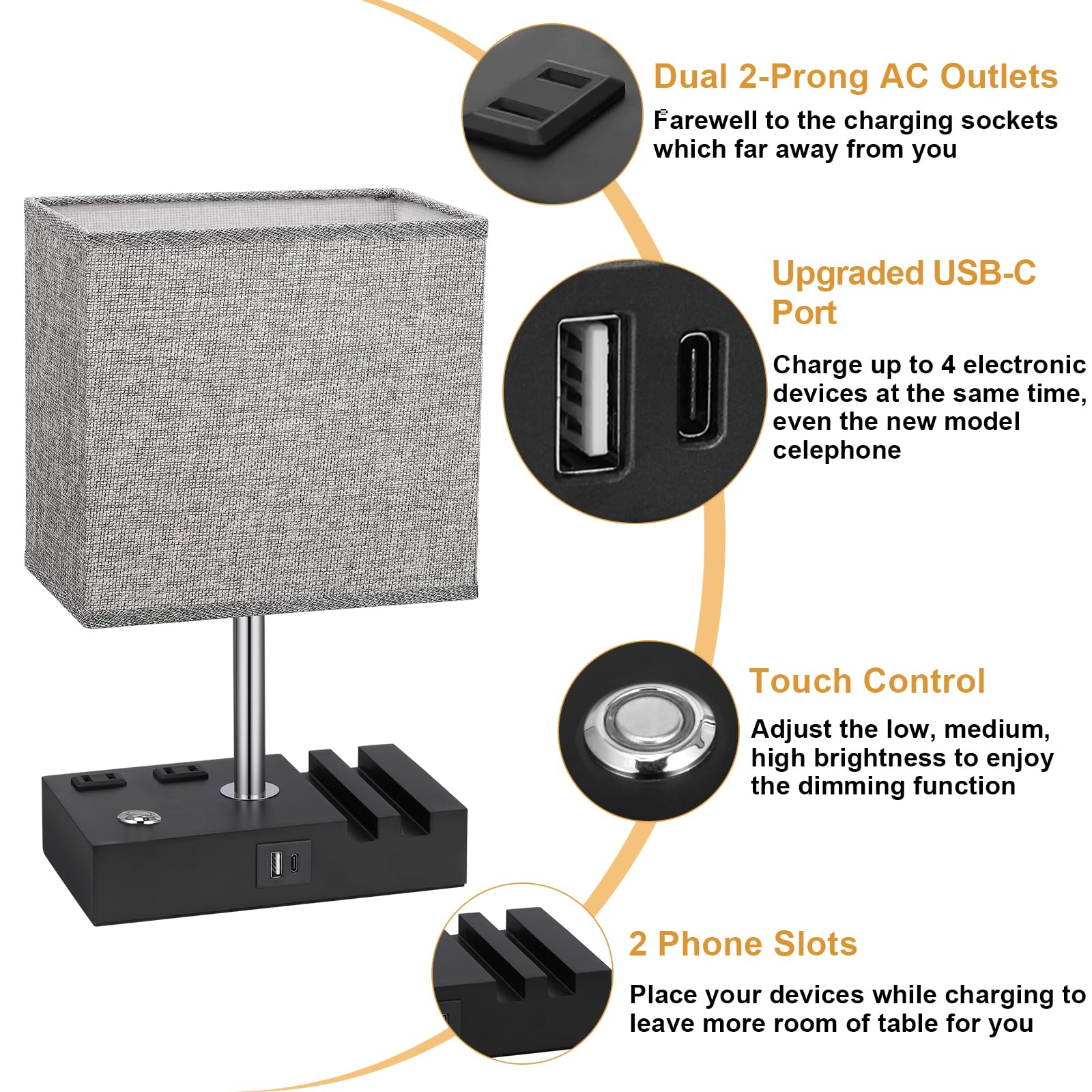 Kakanuo Nightstand Lamp For Bedroom With Dual Usb Ports, Grey Touch Control Bedside Table Lamp With Charging Outlets And Phone S