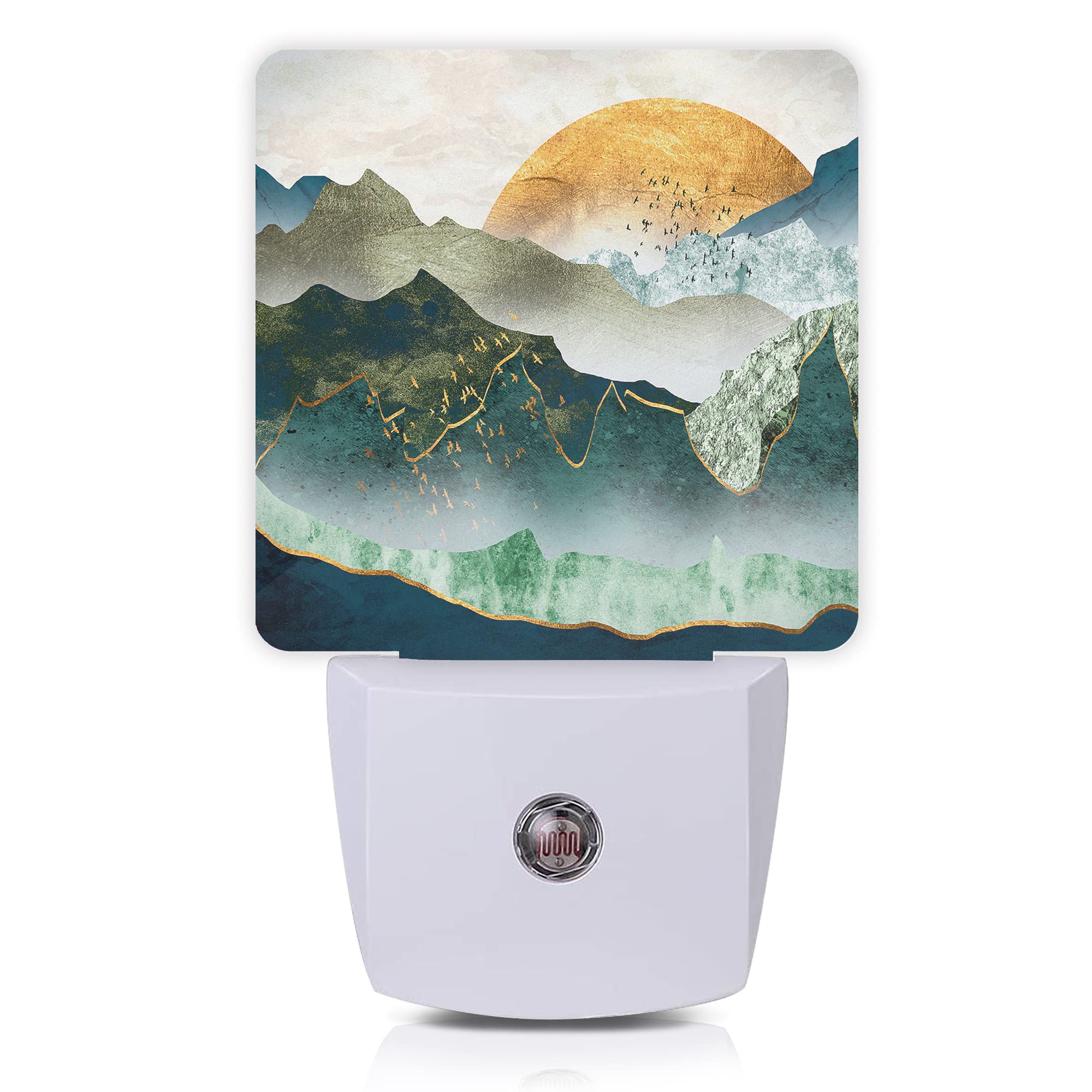 Oeaskly Mountain Night Light,Green Mountains Golden Sunset Plug In Night Lights Auto Led Lamp Energy Saving Square Lights For Boys Girls Men Women