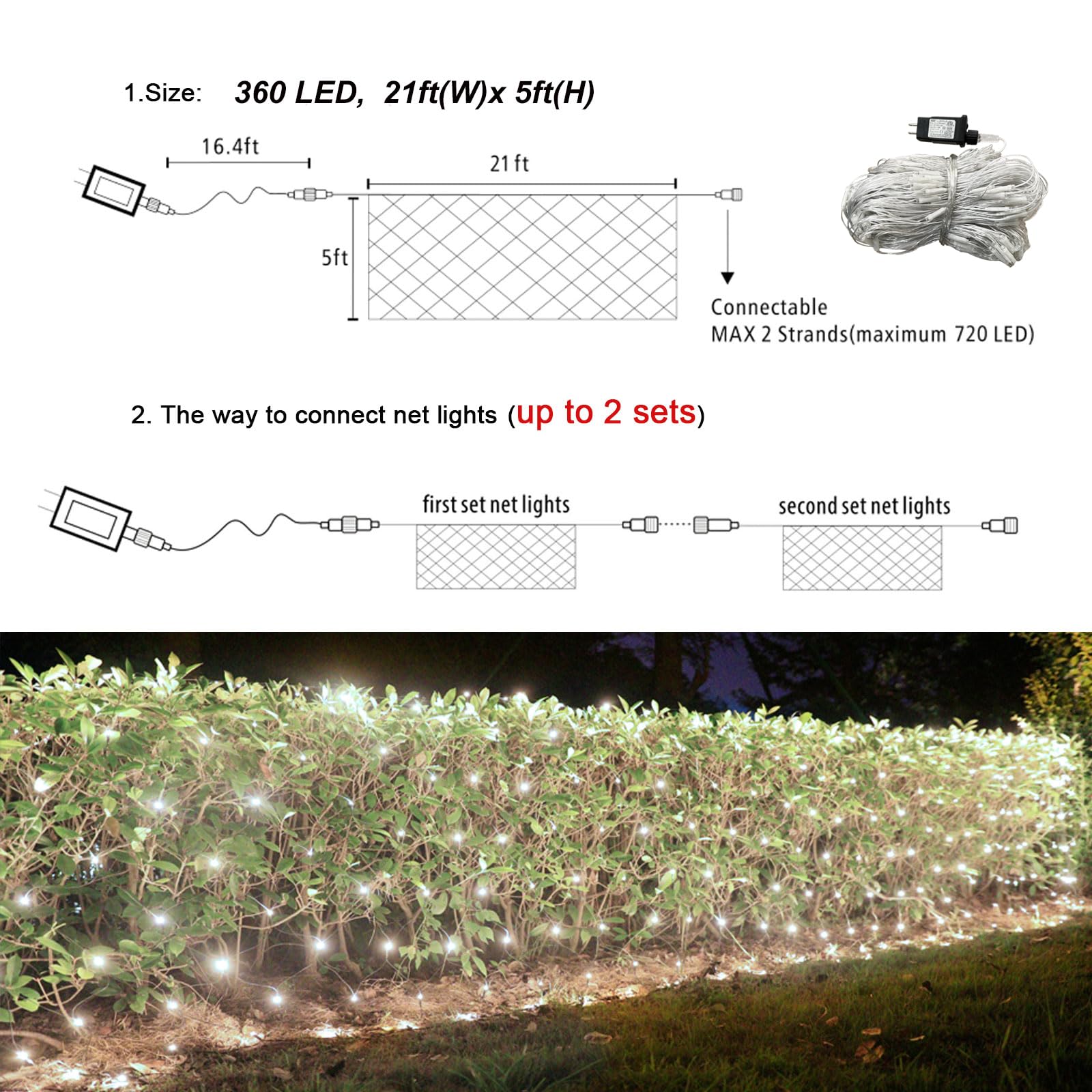 Lov high-standard 360 LED Net Lights, 21ft x 5ft, Waterproof, 8 Modes, Clear Wire, White, Model LR-(1-1000) L-SL01