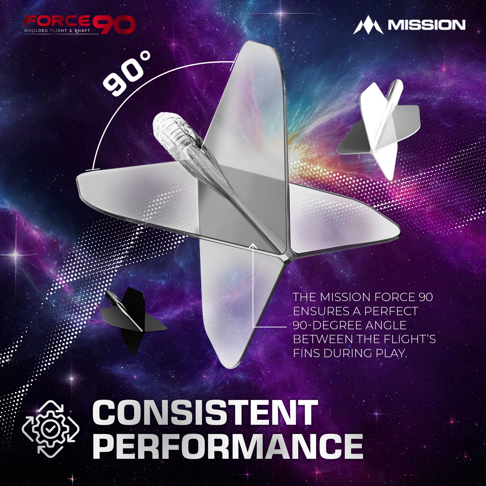 Mission Darts Force 90 Professional Dart Flights & Stems, 2-in-1 Slim Tweenie, Transparent Plastic, Pack of 3