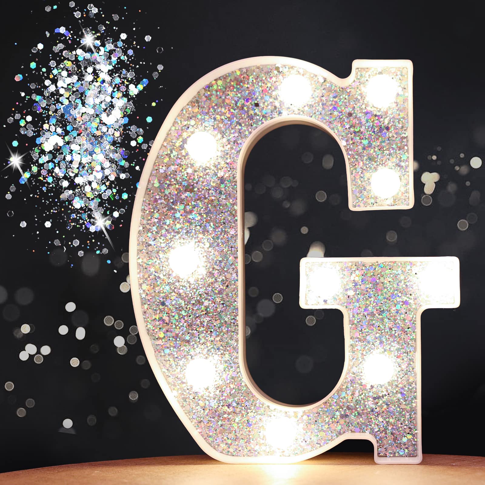 Pooqla LED Marquee Letter Lights, Silver Glitter Alphabet Sign, Battery Powered Night Light for Parties and Home Decoration