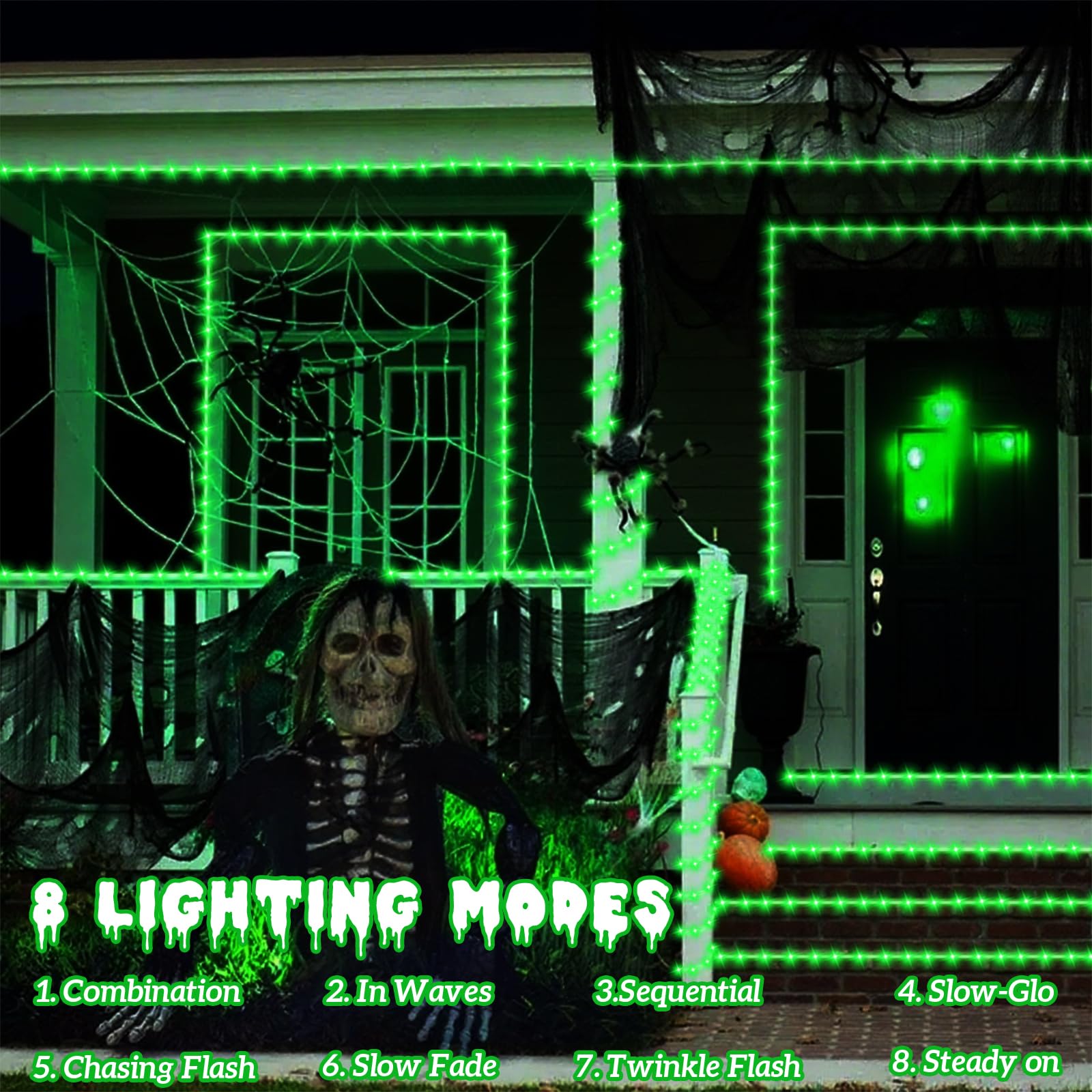 Yeguo 66Ft 200 Led Halloween Solar Rope Lights Outdoor Waterproof, Green String Lights For Outside, 8 Modes Fairy Lights In Clea