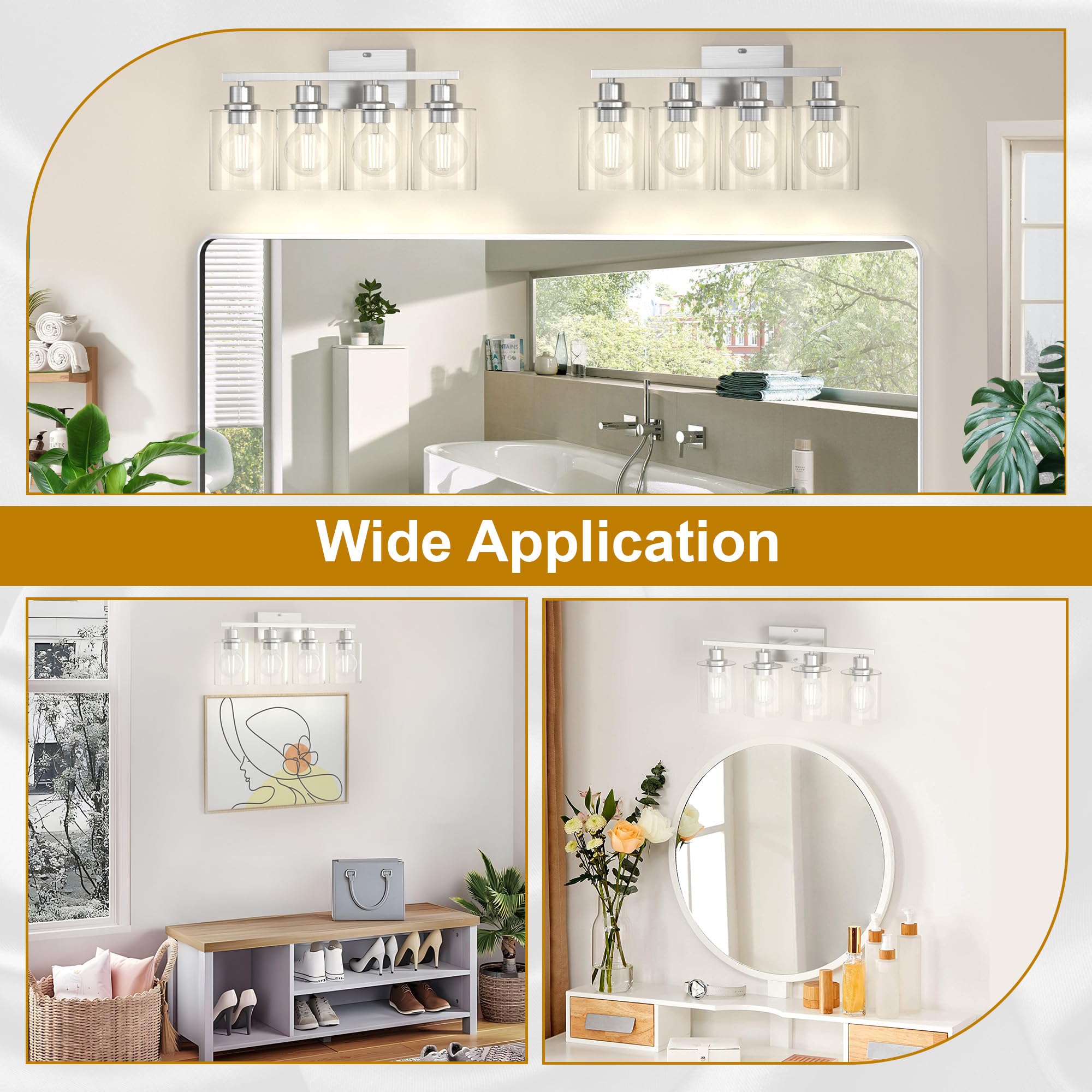 Dekang 4-Light Bathroom Vanity Fixture, Brushed Nickel, Modern Design, E26 Base, Clear Glass Shades, 18 Inches, Model AB-VANITY-TM-4Y