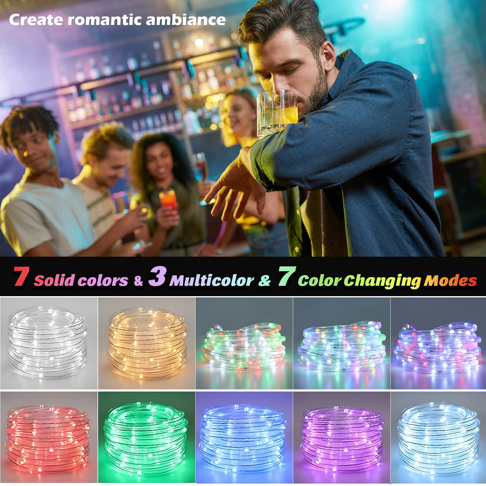 Vigdur Color Changing Rope Lights - 18Ft Led Rope Lights Outdoor Waterproof With Remote Connectable 7 Colors & 7 Modes Decorative Christmas Lights For Xmas Bedroom Party Holiday Decoration