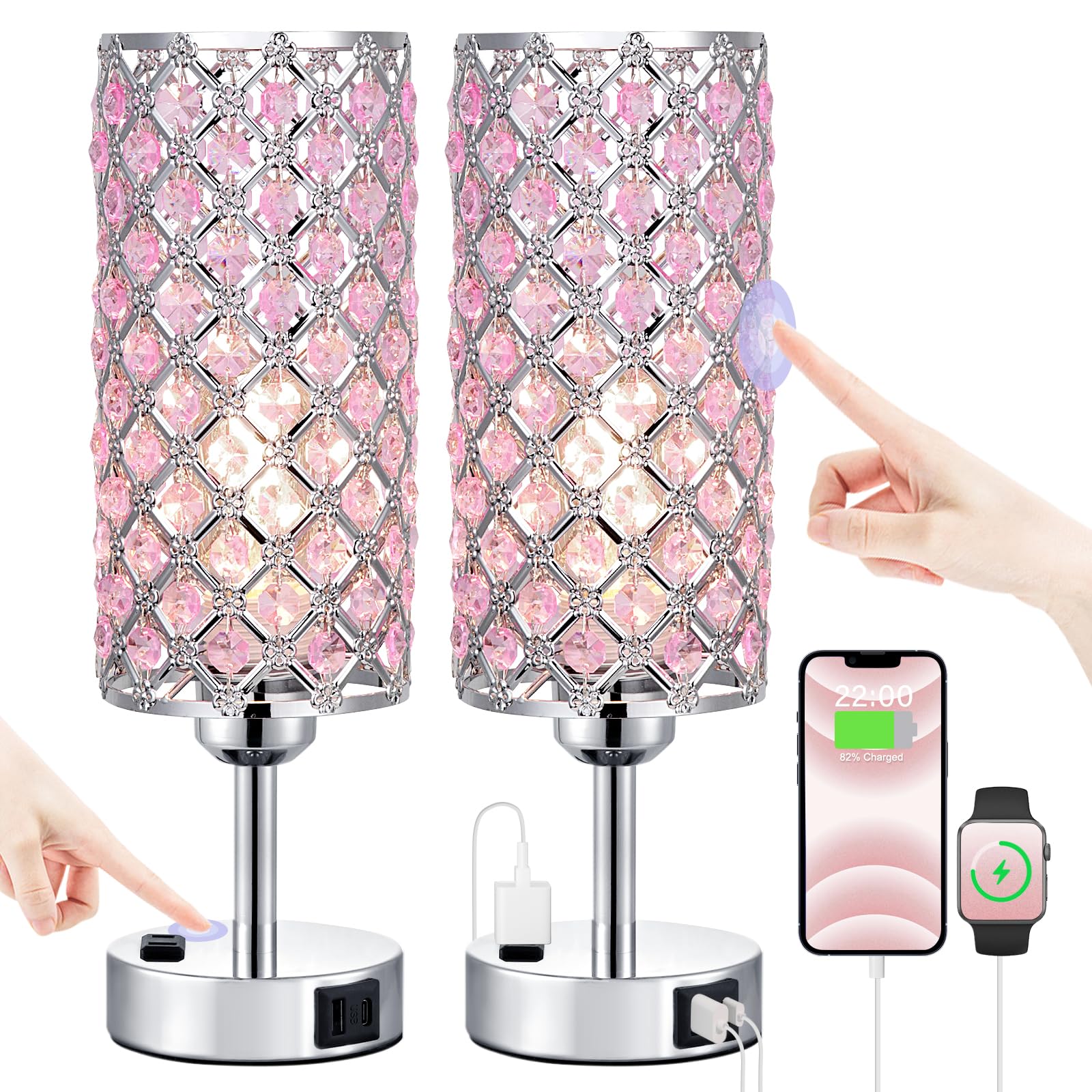 Pink Crystal Lamp Set Of 2, 3 Way Dimmable Touch Lamp For Bedroom With Crystal Shade, Bedside Nightstand Lamps For Living Room B