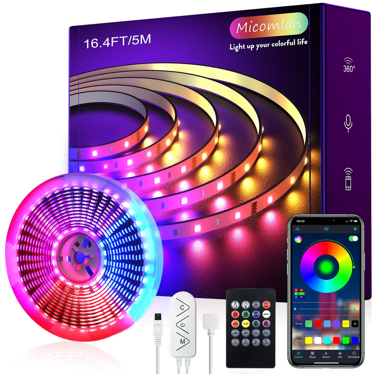 Micomlan 16Ft/5M Led Strip Lights, Controller And Bluetooth App Controlled Rope Lighting For Bedroom Home Decoration, Music Sync
