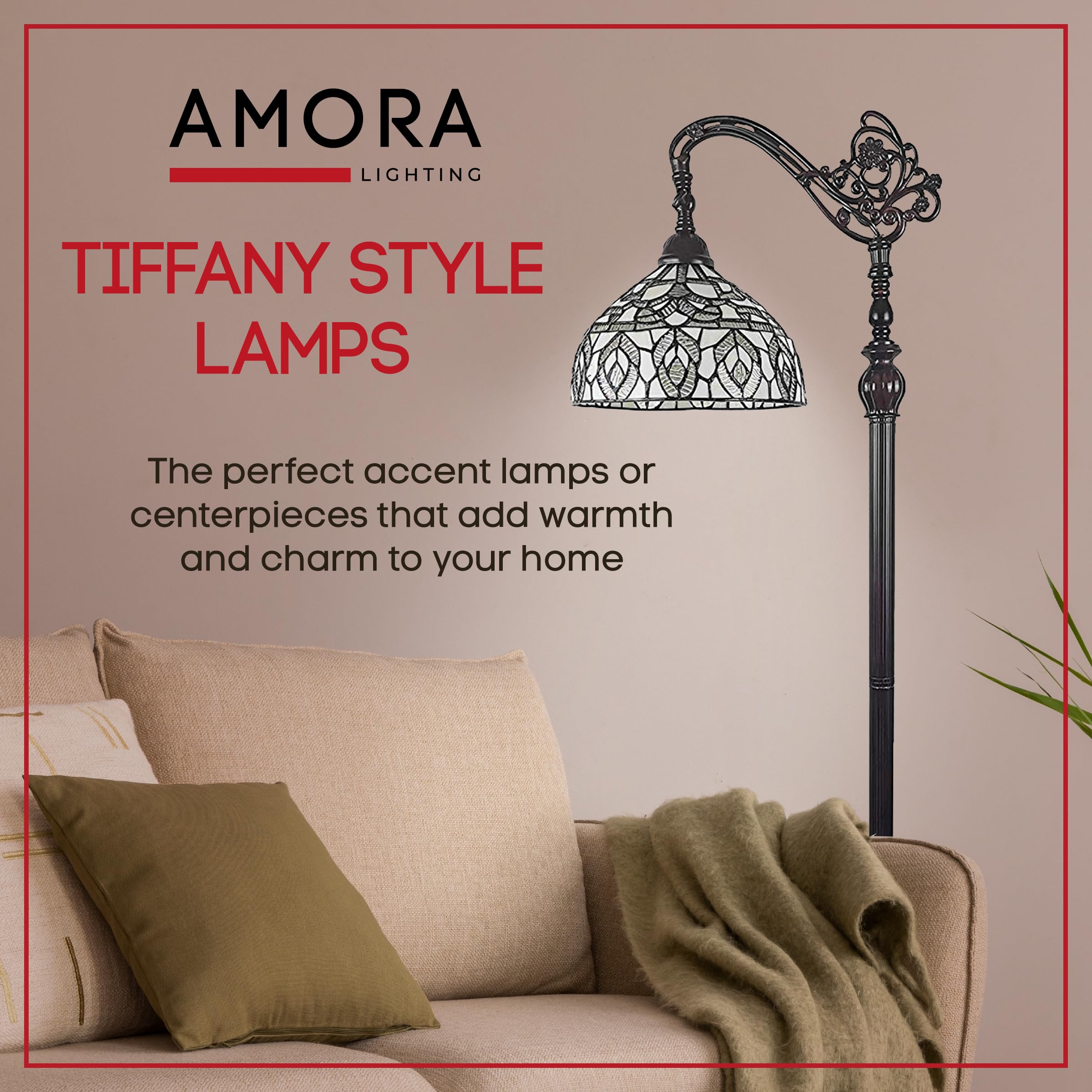 Amora Tiffany Floor Lamp - Arched Stained Glass 62” - Adjustable Shade, Foot Switch - White Mahogany, 12" Diameter, Model AM277FL12B