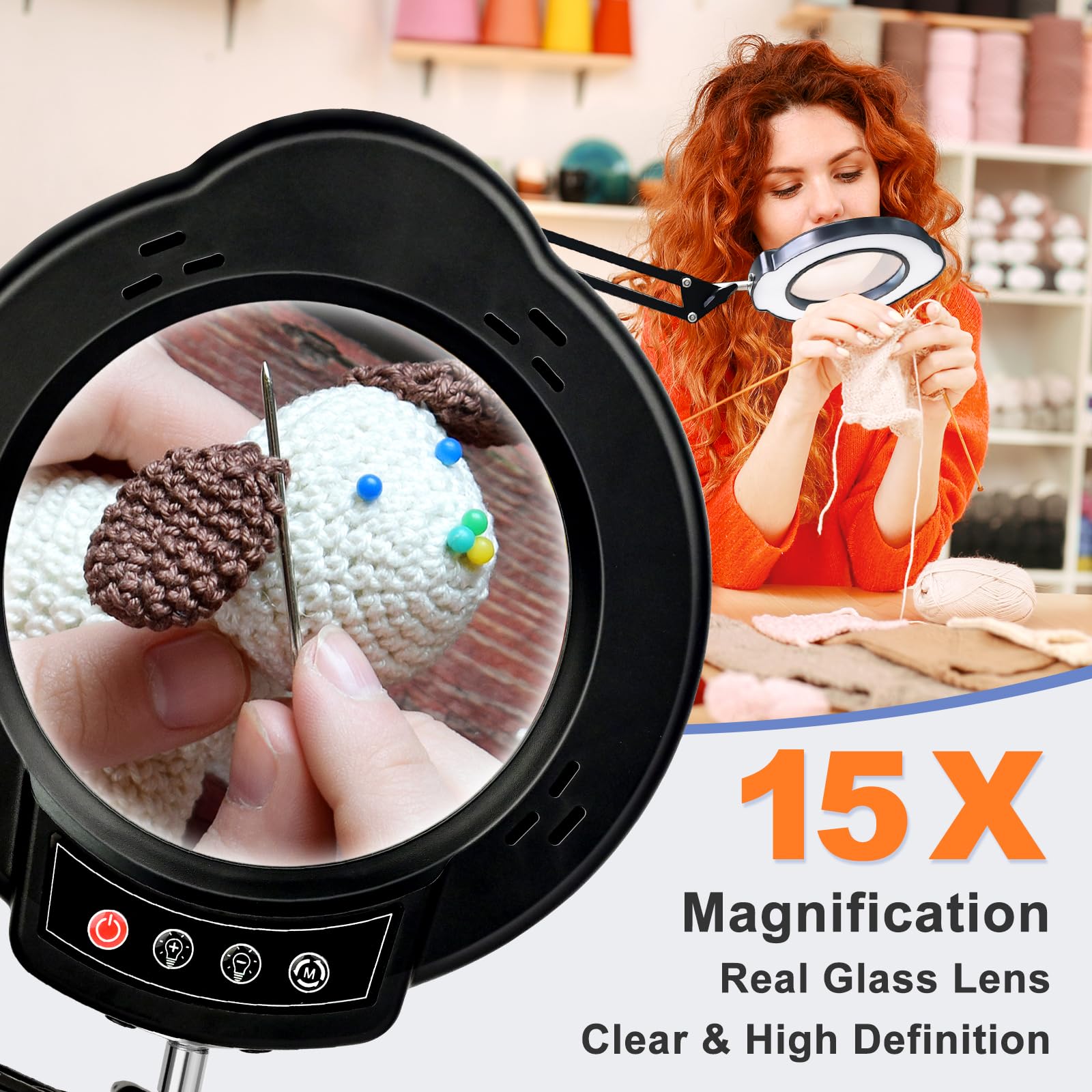 VvLons 15X Magnifying Glass Desk Lamp with Light, 10 Brightness Levels, Black, Clamp & Real Glass Lens