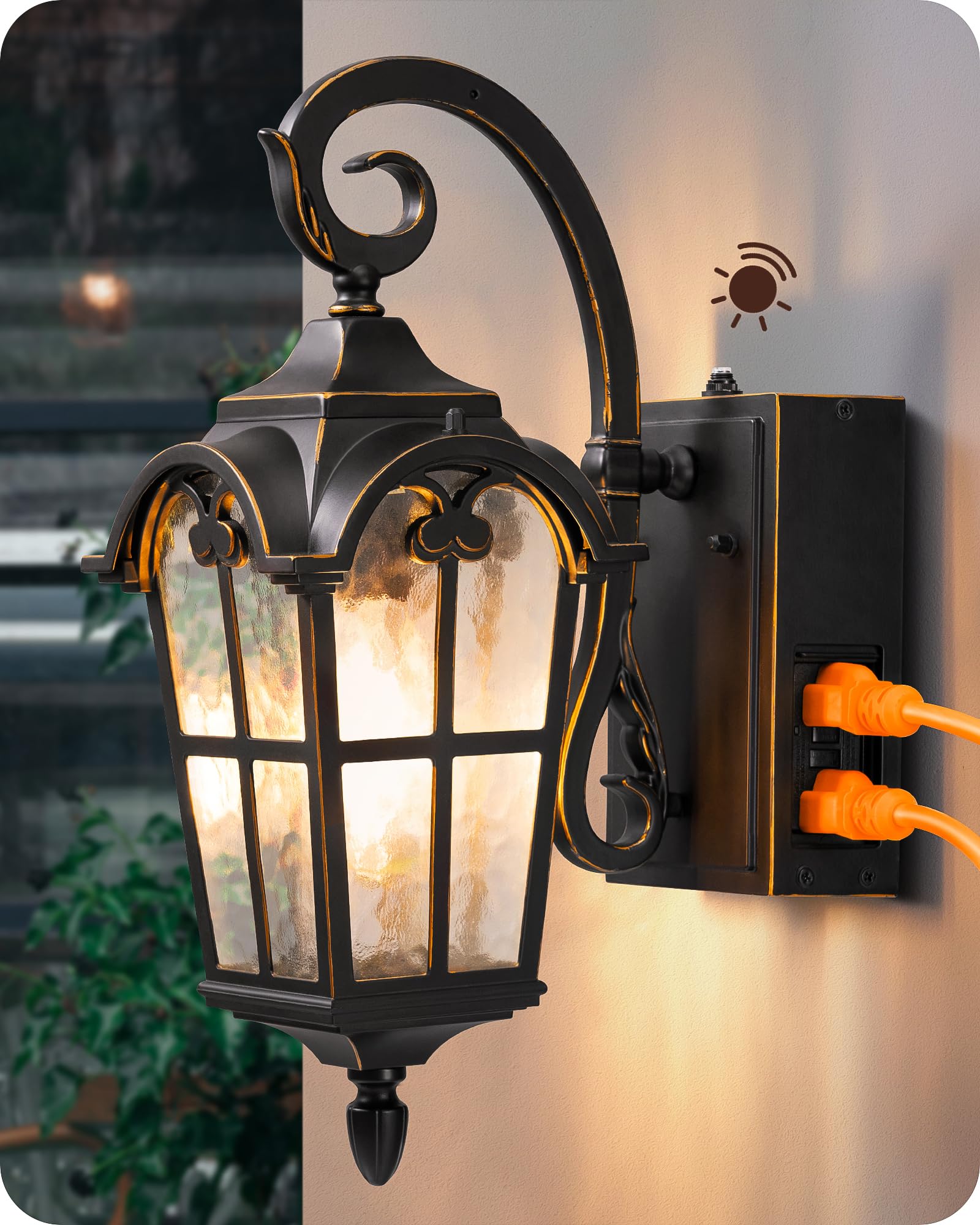 EDISHINE Dusk to Dawn Outdoor Wall Lights, Waterproof Black Aluminum Lanterns with GFCI Outlet, E26 Socket - 2 Pack