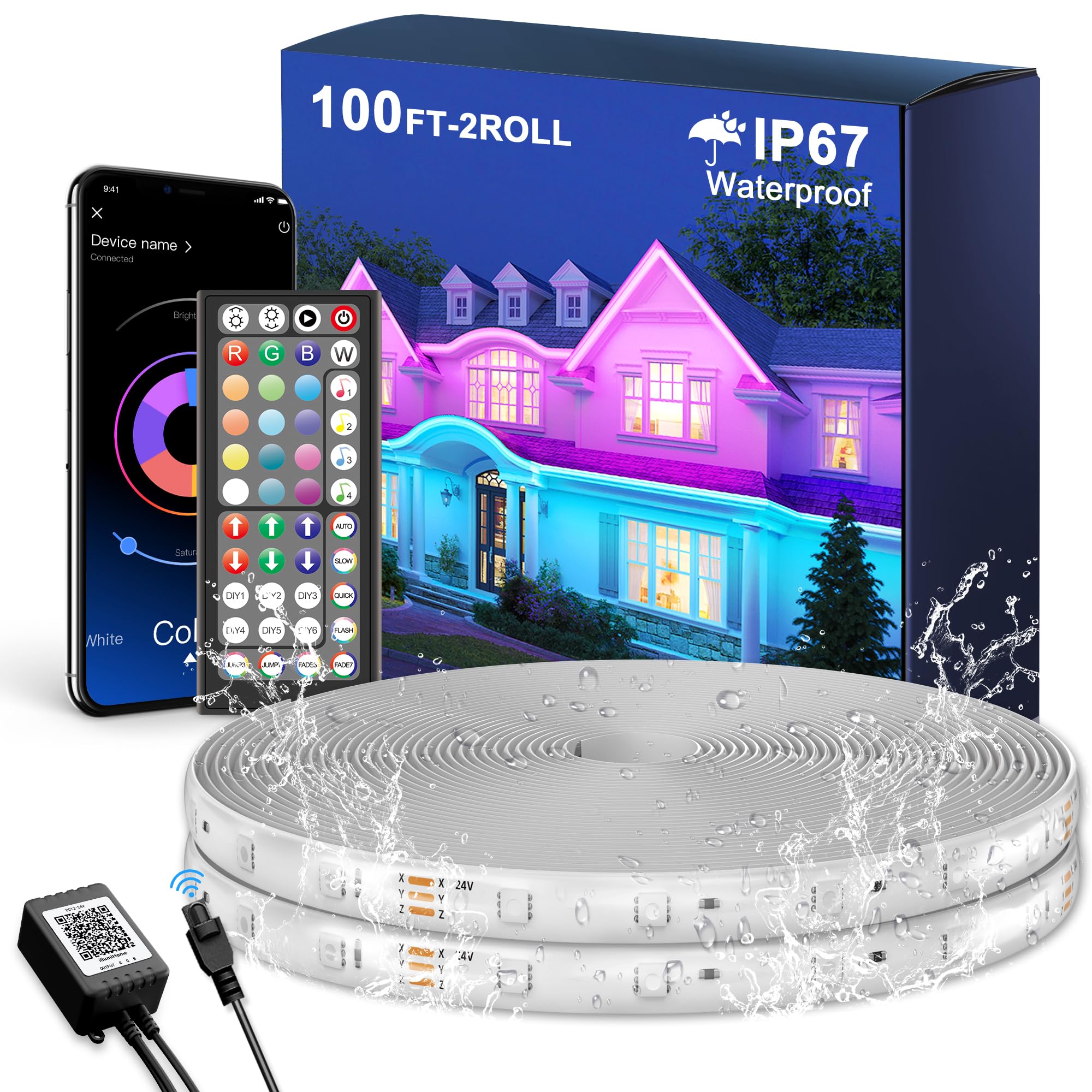 Fussion Outdoor LED Strip Lights Waterproof 100FT (2 Rolls of 50ft) IP67 LED Light Strips with Remote, RGB Color Changing Christ