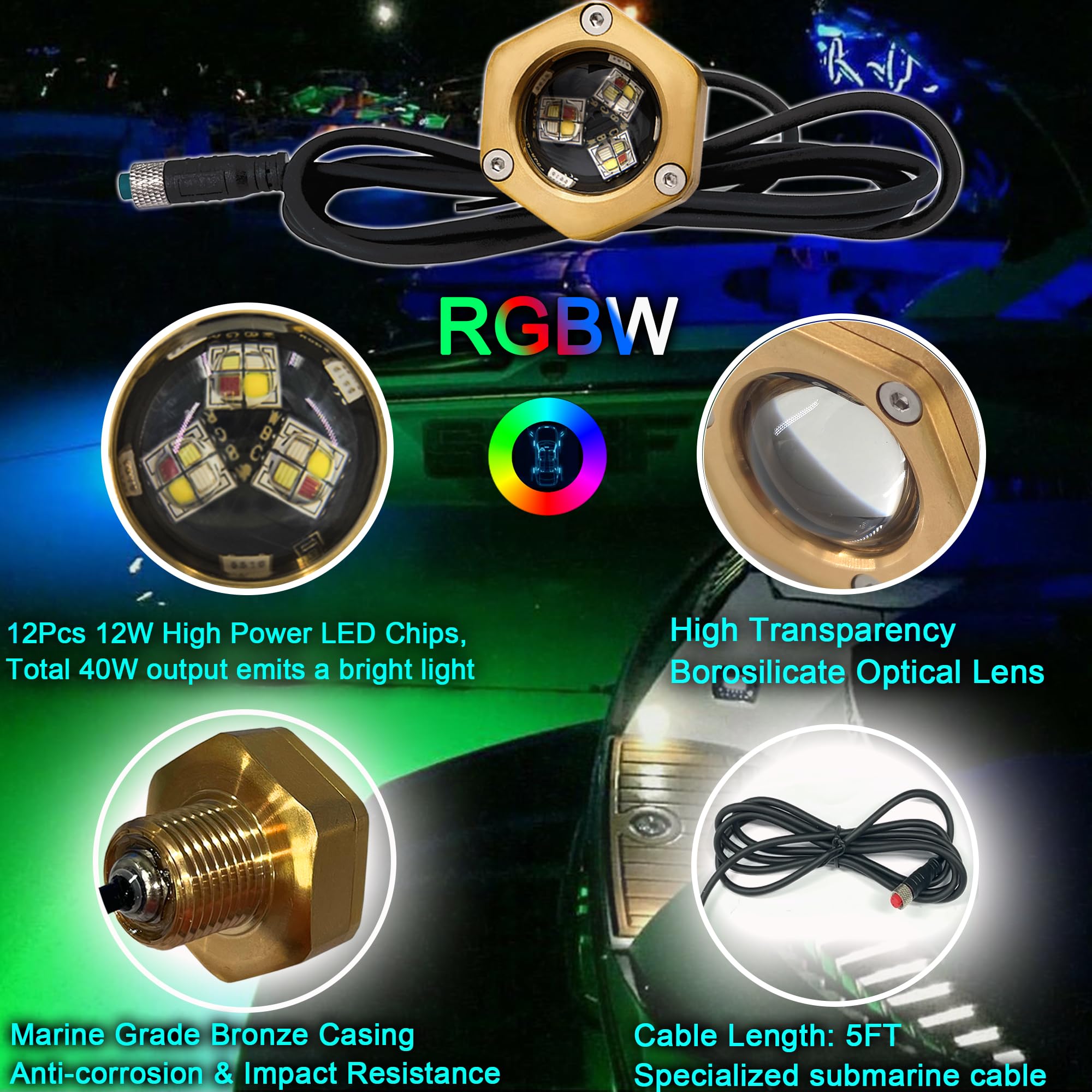 Kingshowstar Waterproof RGB Underwater Boat Trailer Light - 2 Pcs 1/2" NPT, Bronze Housing, APP RF Remote Control, 4100LM