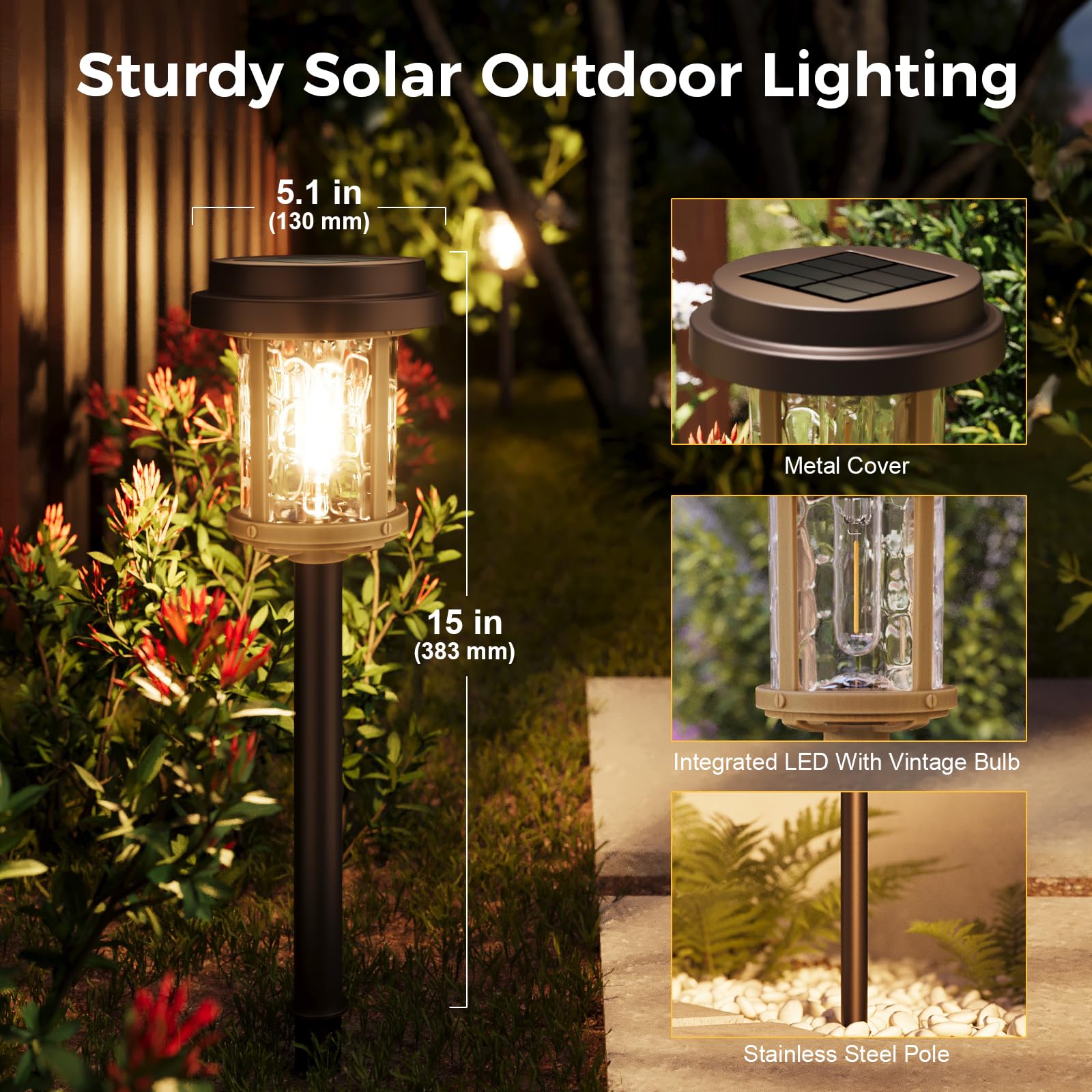 Xmcosy+ Solar Pathway Lights, 4 Pack, 15 Lm Led, Ip65 Waterproof, Warm White, Stainless Steel