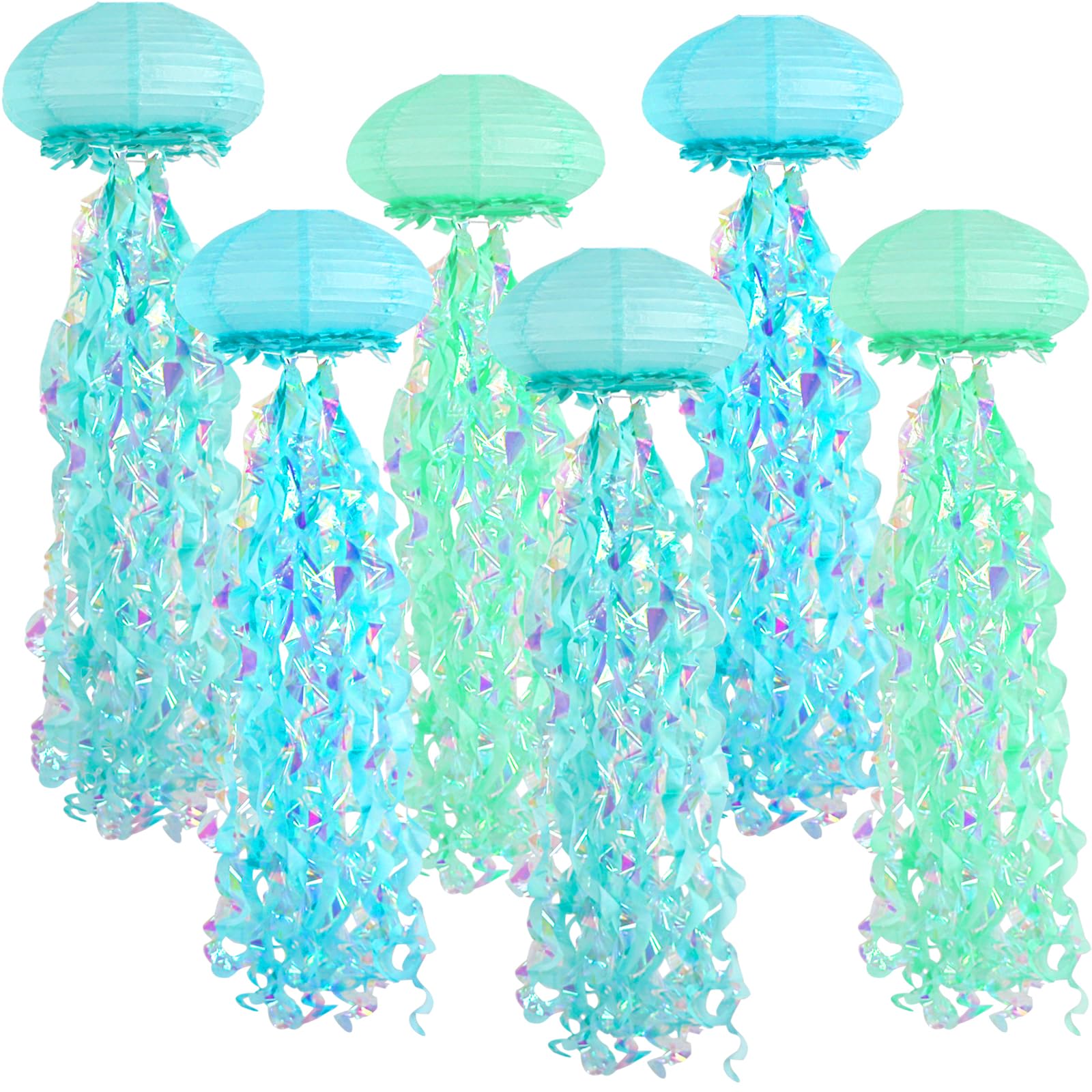 Jellyfish Paper Lanterns, Under The Sea Party Decorations, Light Blue Green Cyan Hanging Jelly Fish Lantern For Kids Birthday De