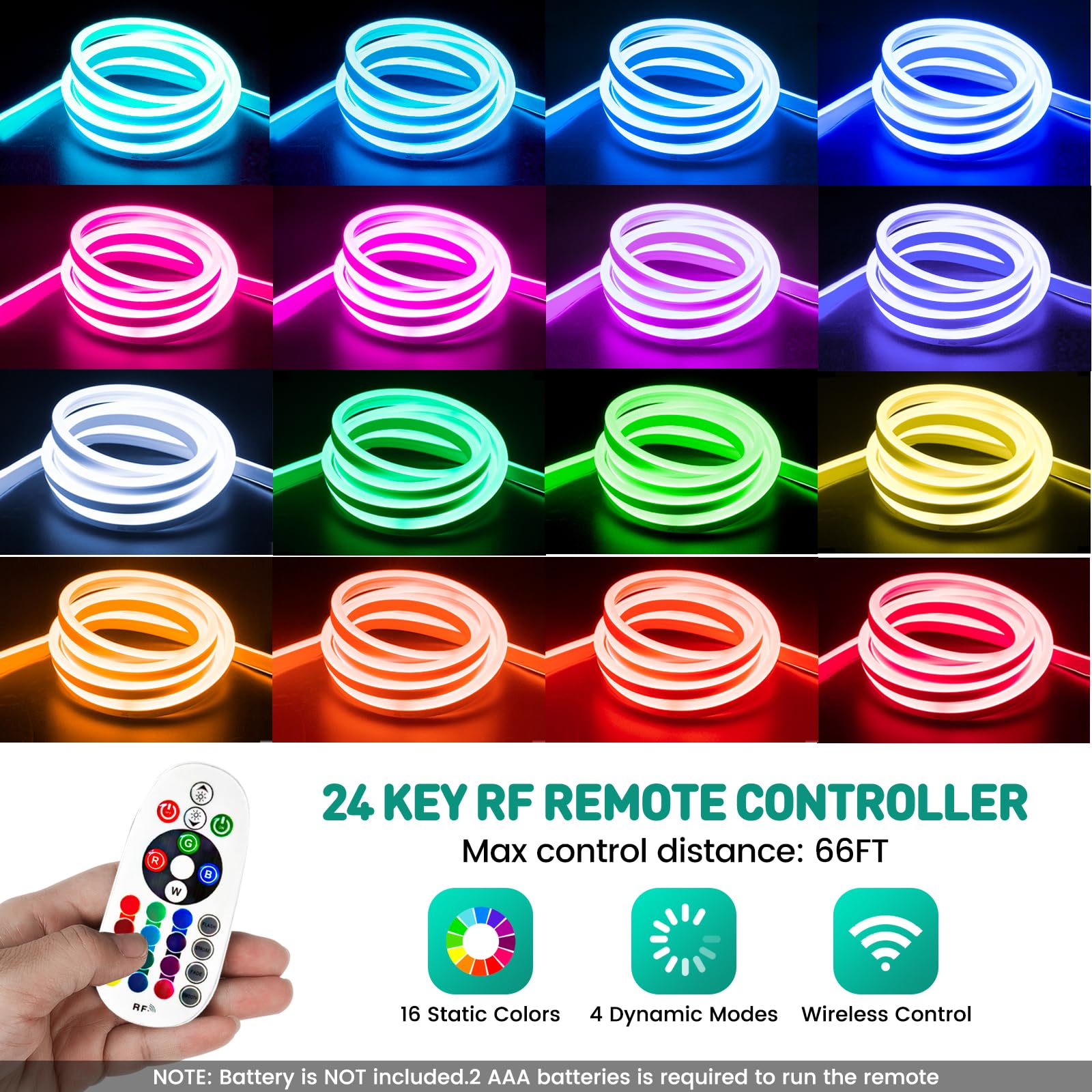 GZBtech RGB LED Neon Rope Lights 33FT, Waterproof Color Changing Dimmable Strip, AC 110-120V, ETL Listed, Model MYHNLS-RGB-5M