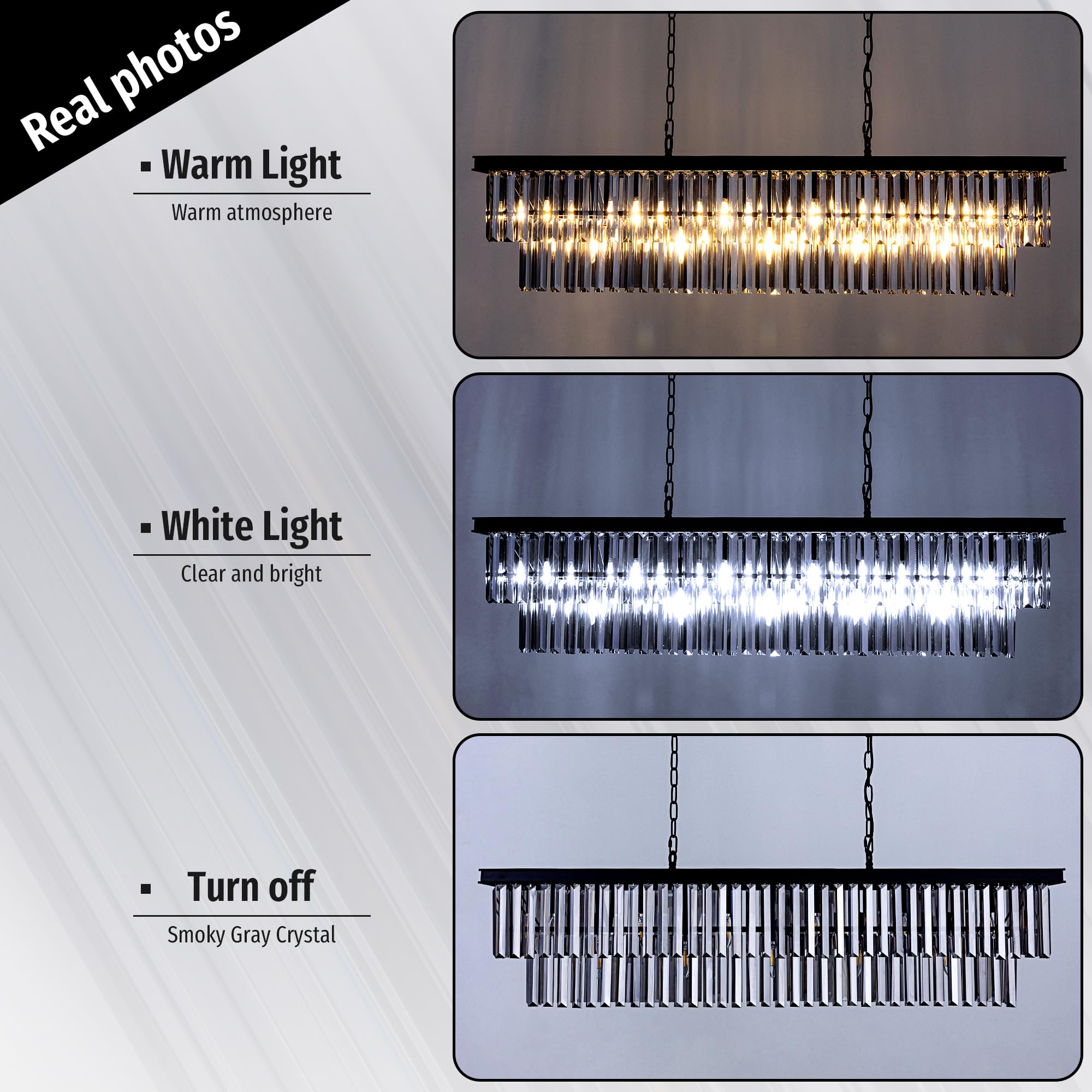 Wellmet 47" Crystal Chandelier, 11-Light Smoke Grey Linear Light Fixture for Living Room, Dining Room, Bedroom, Kitchen Island