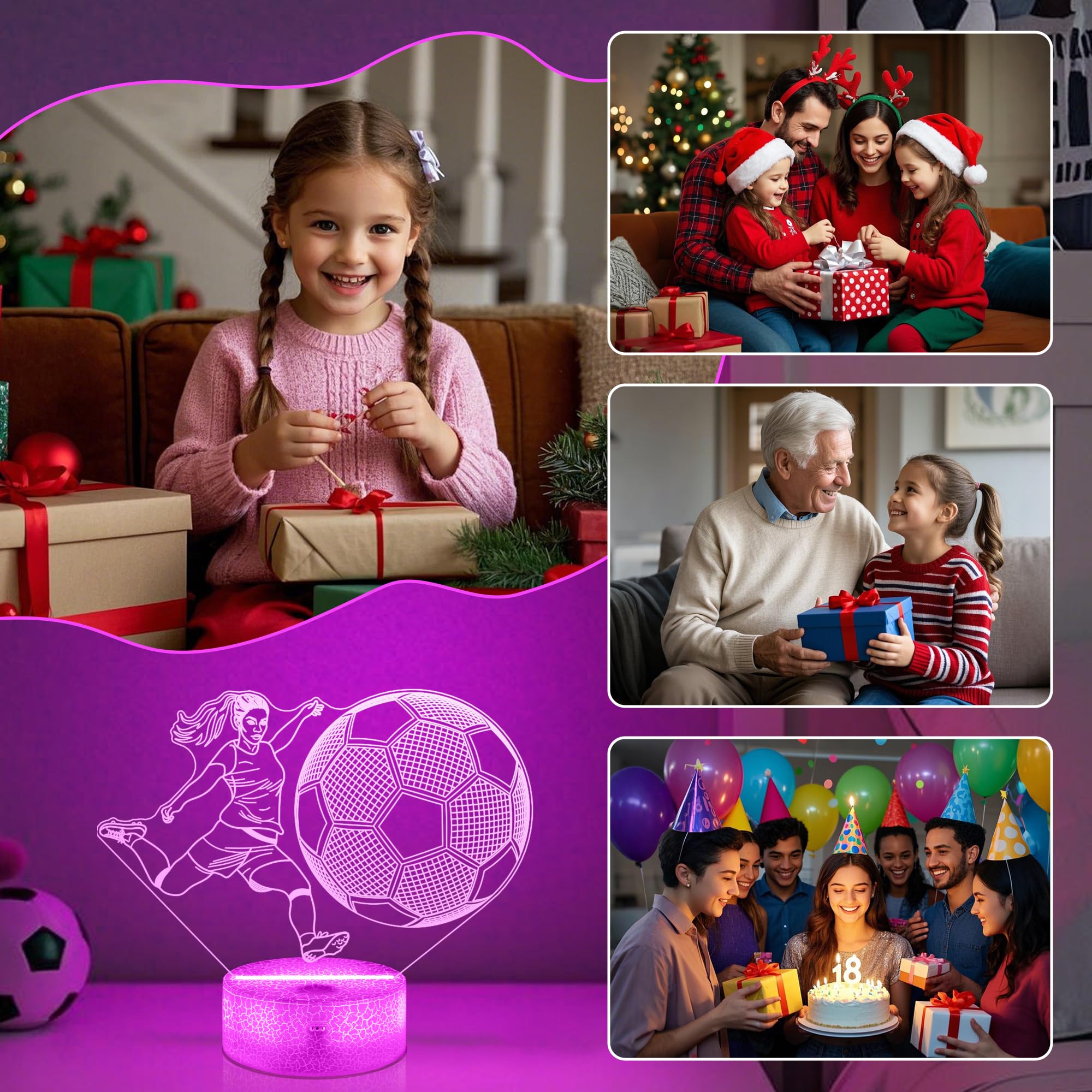 Soccer Gifts For Girls Bedroom Decor Light Up Soccer 3D Illusion Lamp Night Light With 16 Colors Remote Football Accessories Birthday Xmas Gifts For Best Friends Sister Daughter Sports Fan Lover
