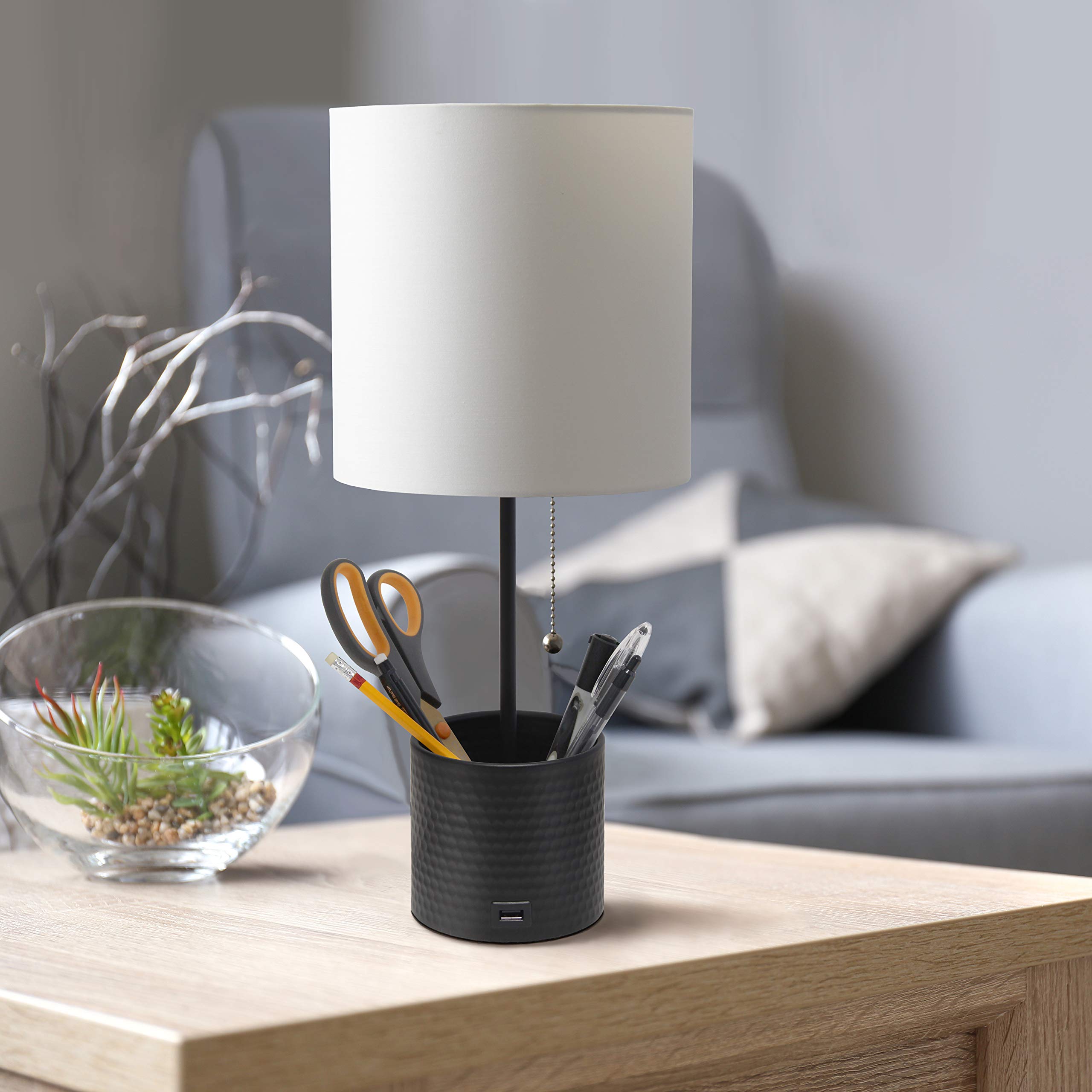 Simple Designs Lt1085-Blk Hammered Metal Organizer Table Lamp With Usb Charging Port And Fabric Shade, Black