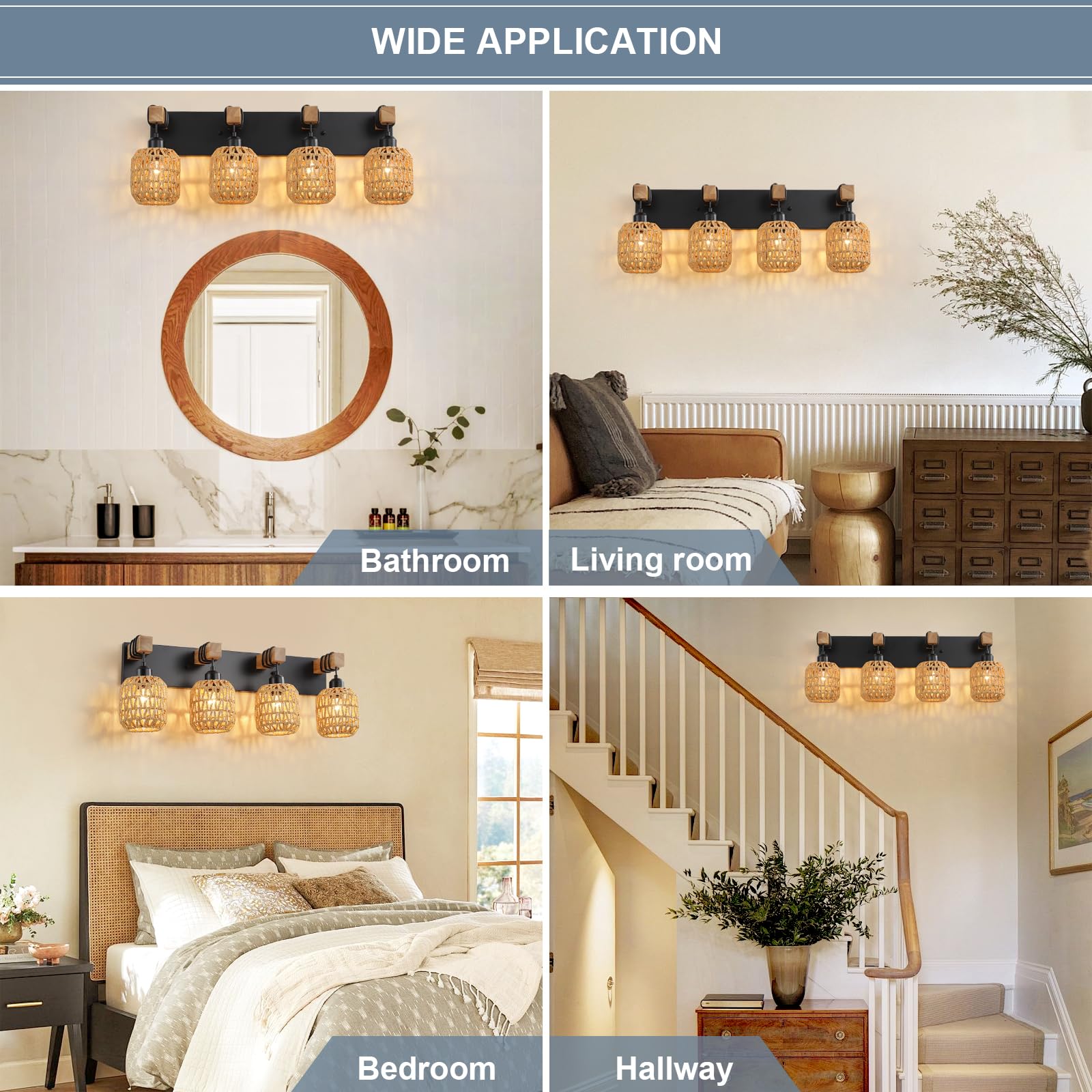 4 Light Bathroom Vanity Light Fixtures,Rustic Style Wood Bathroom Wall Sconce, With Boho Wicker Lampshade,Suitable For Bedroom, Hallway, And Living Room,Rattan Black Farmhouse Wall Sconce