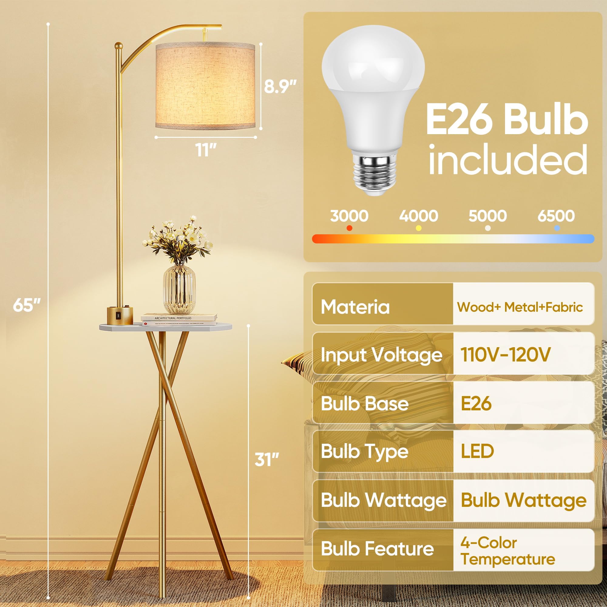 ROTTOGOON Floor Lamp with Table, Remote Control, Charging Station, 4 Color Temperatures, Gold, Model ROFP092AJ1