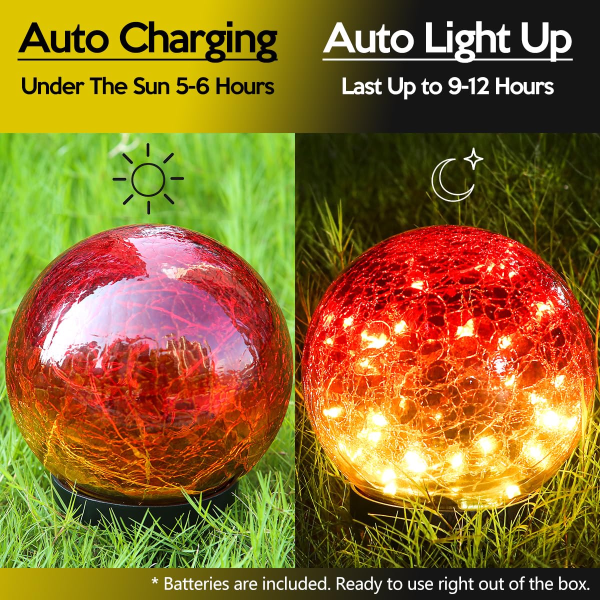 Kaowod Outdoor Solar Globe Lights - 5" Gradient Red Glass Orbs for Lawn, Garden, Patio Decoration, Model TY-QIUD-1H12