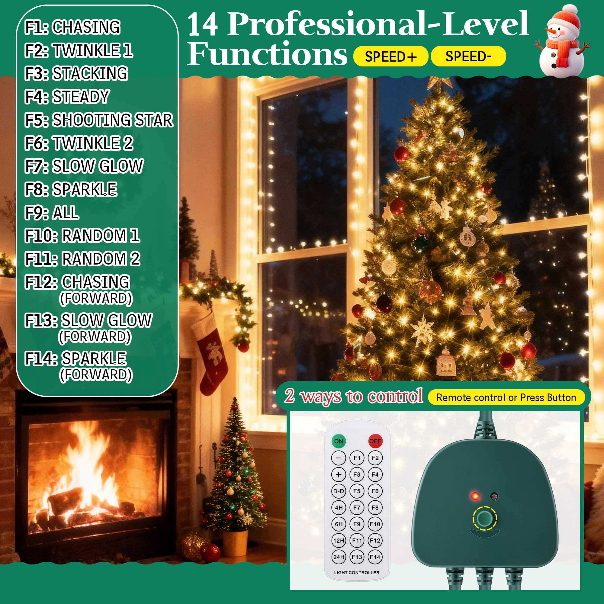 Gulfmew Christmas Light Controller with Remote, 14 Functions, Dusk to Dawn Sensor, Green, Model TD-Gulfmew-1056