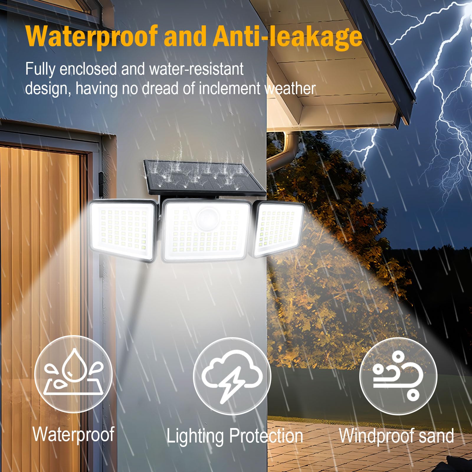 daphino 2500LM Solar Lights Outdoor, Motion Sensor, 3 Head, IP65 Waterproof, 2 Pcs, Black, Remote Model