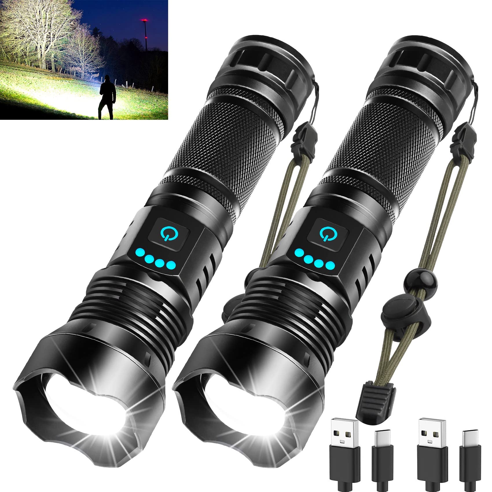 Foleto Rechargeable LED Flashlight, 100000 Lumen, 5 Modes, Waterproof, 2 Pack, Black, Model SJ p70-2