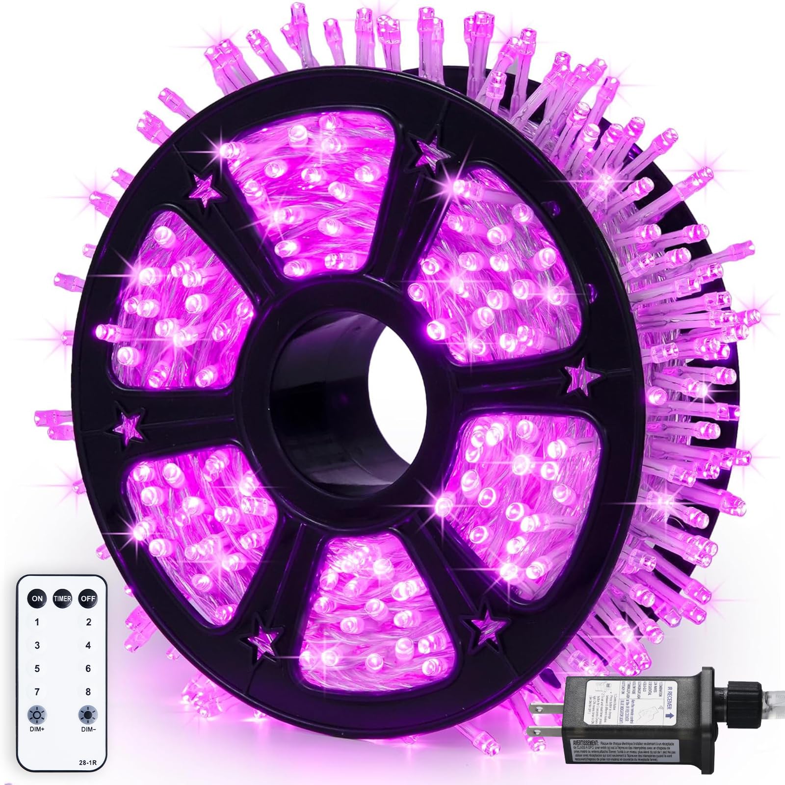 Jmexsuss 500 Led Pink Room Lights, 8 Modes 163Ft Waterproof Pink Christmas Lights Outdoor Plug In With Remote Control, Clear Wir