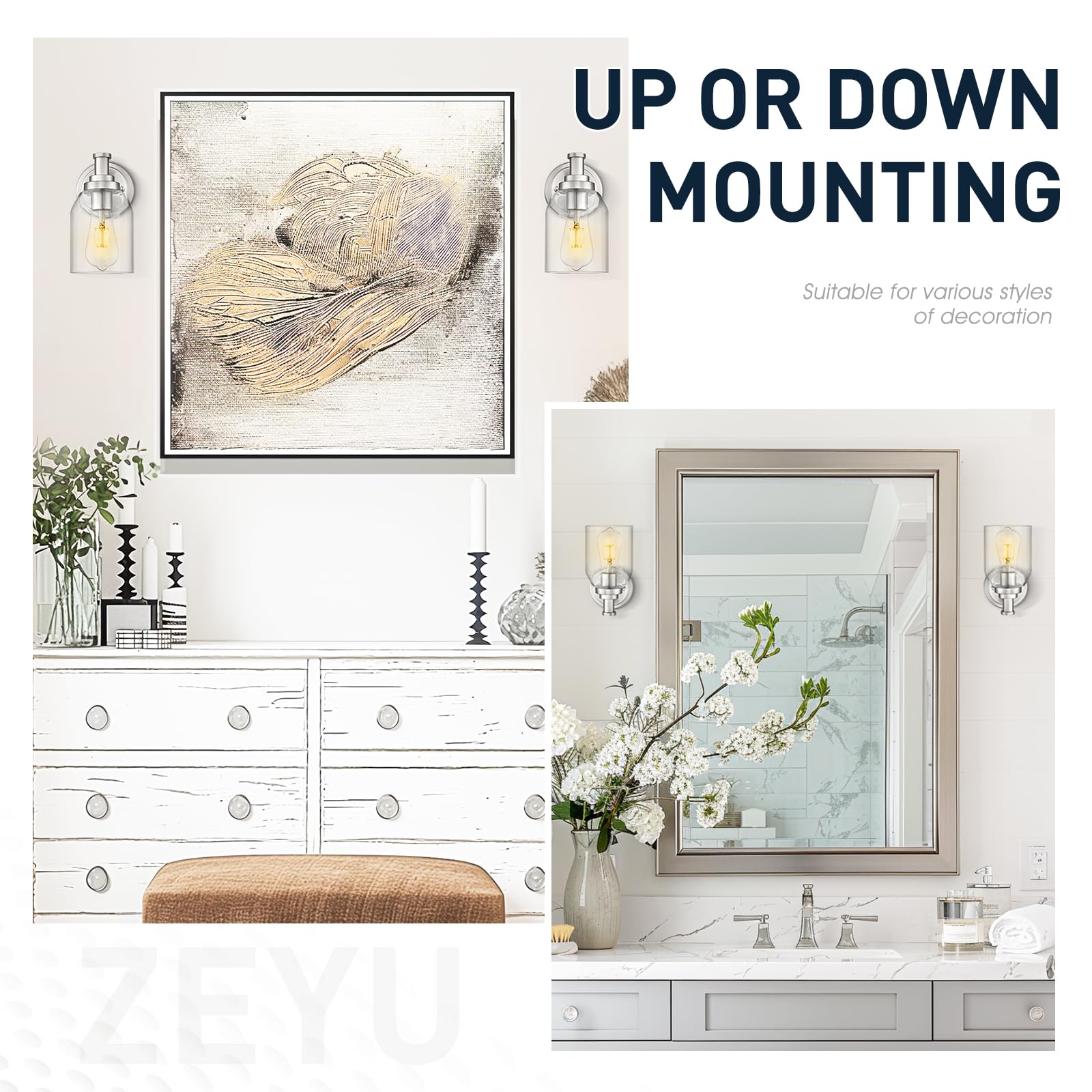 zeyu Industrial Wall Sconces Set of 2, Brushed Nickel + Clear Glass, Model ZG33B-2 BN, Indoor Lighting for Bathroom, Bedroom, Living Room