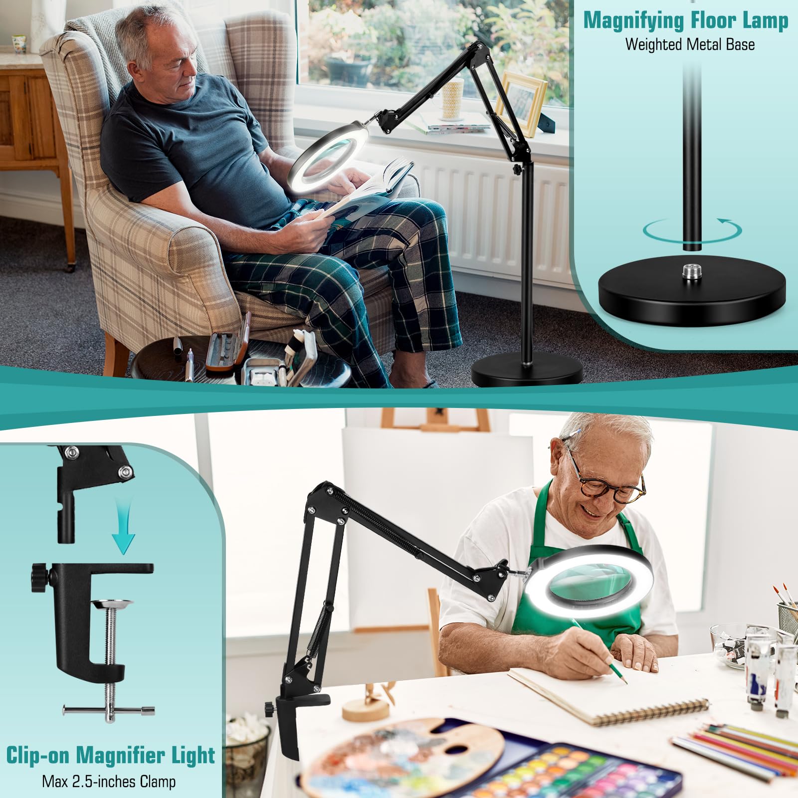 Ivmaie 10X Magnifying Floor Lamp With Light And Stand, 3-In-1 Adjustable Swivel Arm Led Magnifier, Black