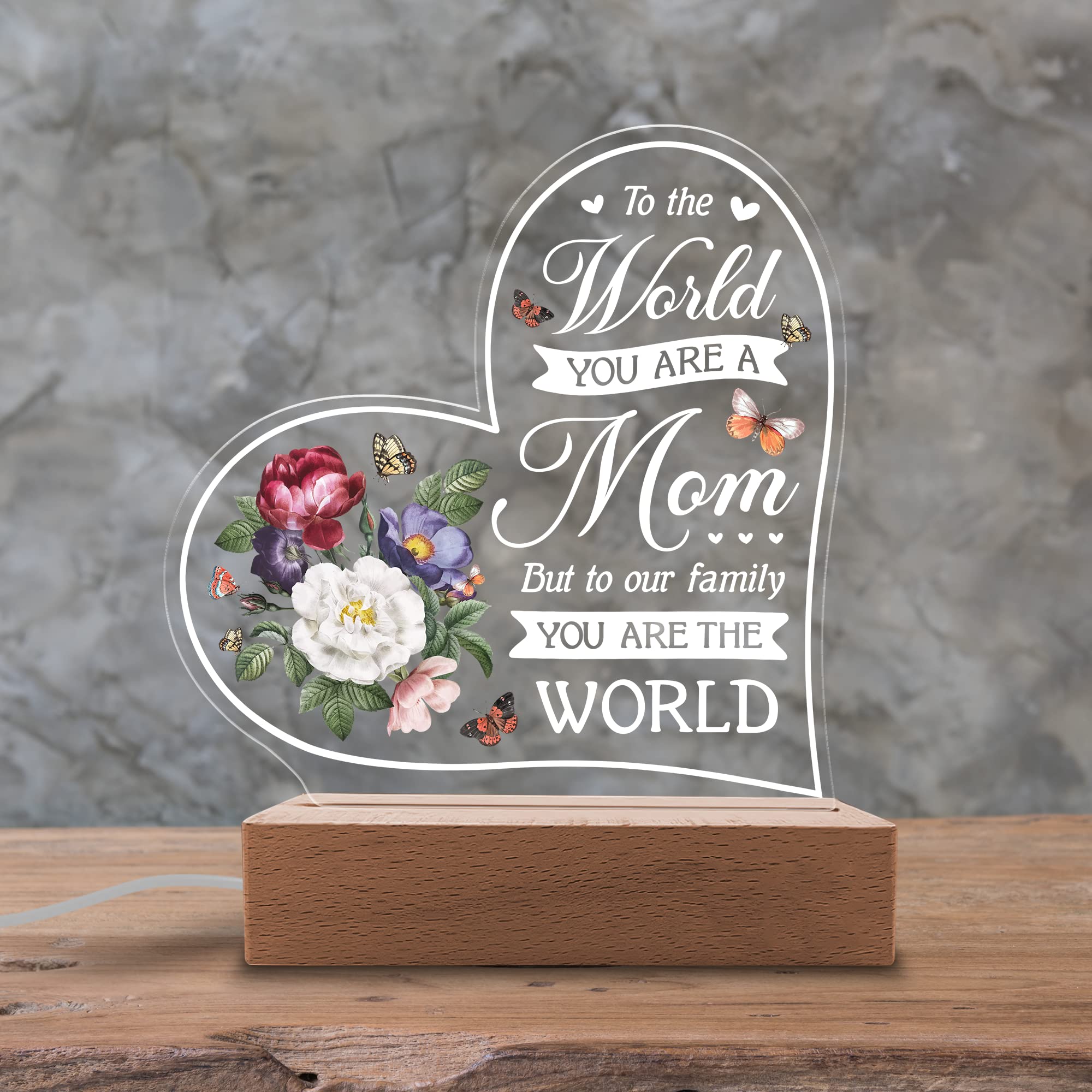 Kitchenvoy Acrylic Night Light Gift For Mother - To Our Family You Are The World - Acrylic Light Gift For Mom From Son, Daughter