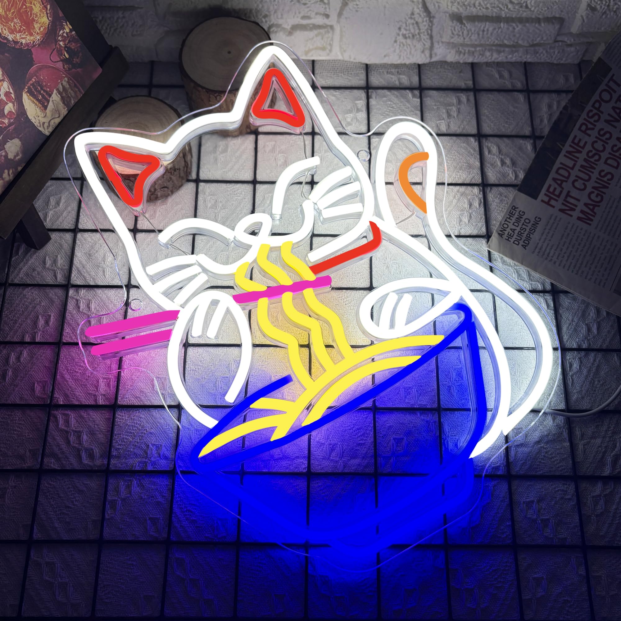 Fortune Cat Ramen Neon Sign  Dimmable Japanese Lucky Cat Noodle Led Neon Sign For Wall Decor  Usb Powered For Restaurant Bar Party Bedroom Birthday Gifts(15.7 * 12.7In)
