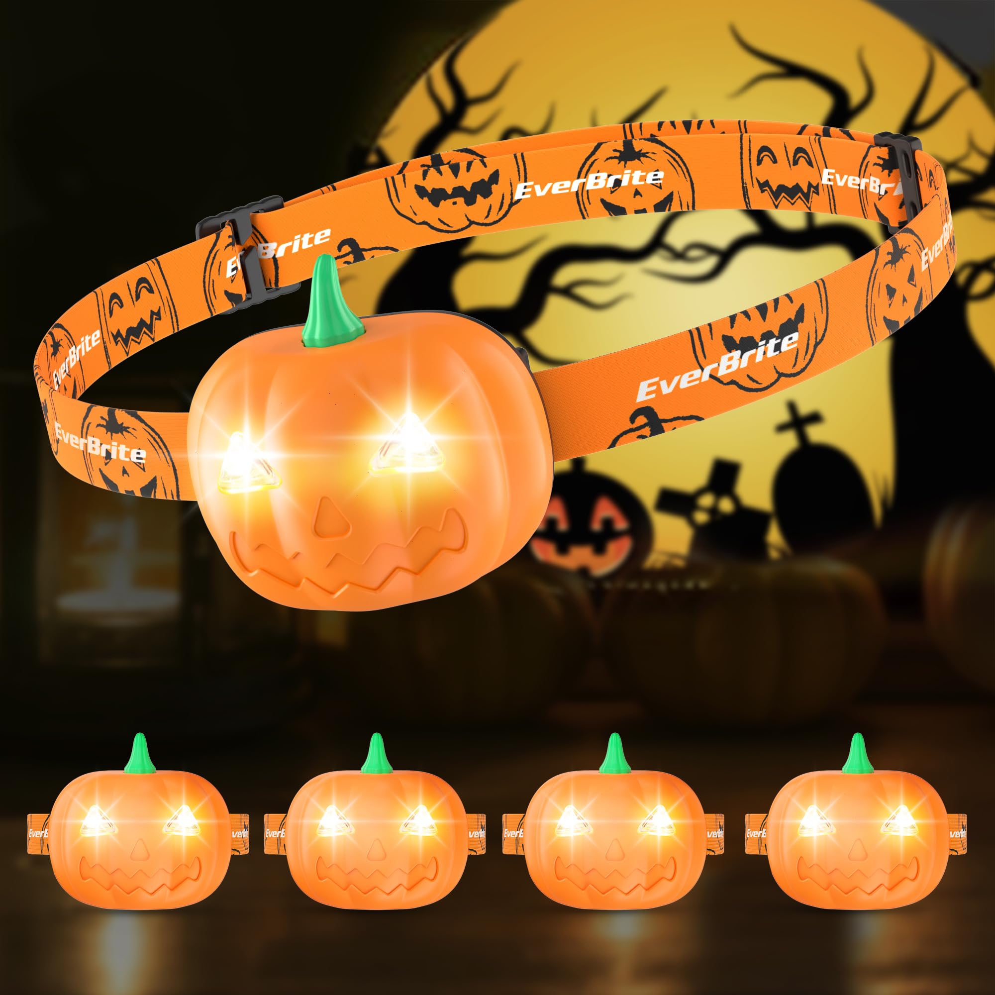 Everbrite Halloween Pumpkin Headlamp 5 Pack  2 Modes Led Head Lamp Adjustable Headband  Pumpkin Lights Party Favors  Orange Spot & Strobe Lights Halloween Gifts