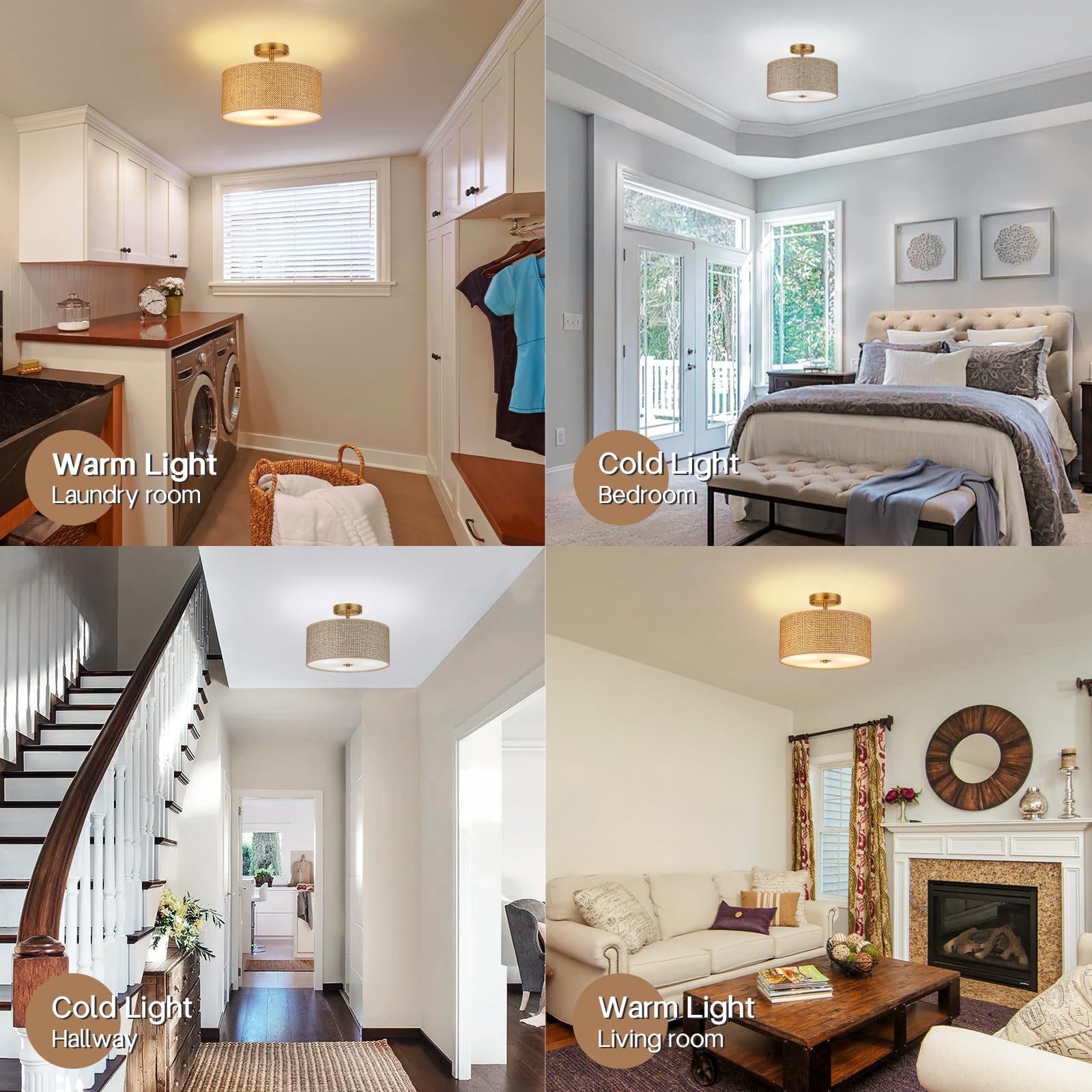 Clarsyne 13 Woven Rattan Boho Ceiling Light Fixture  3-Light Modern Semi Flush Mount Lamp With Drum Fabric Shade  Rustic Brown Lighting For Bedroom  Dining Room  Living Room  Hallway  Entryway