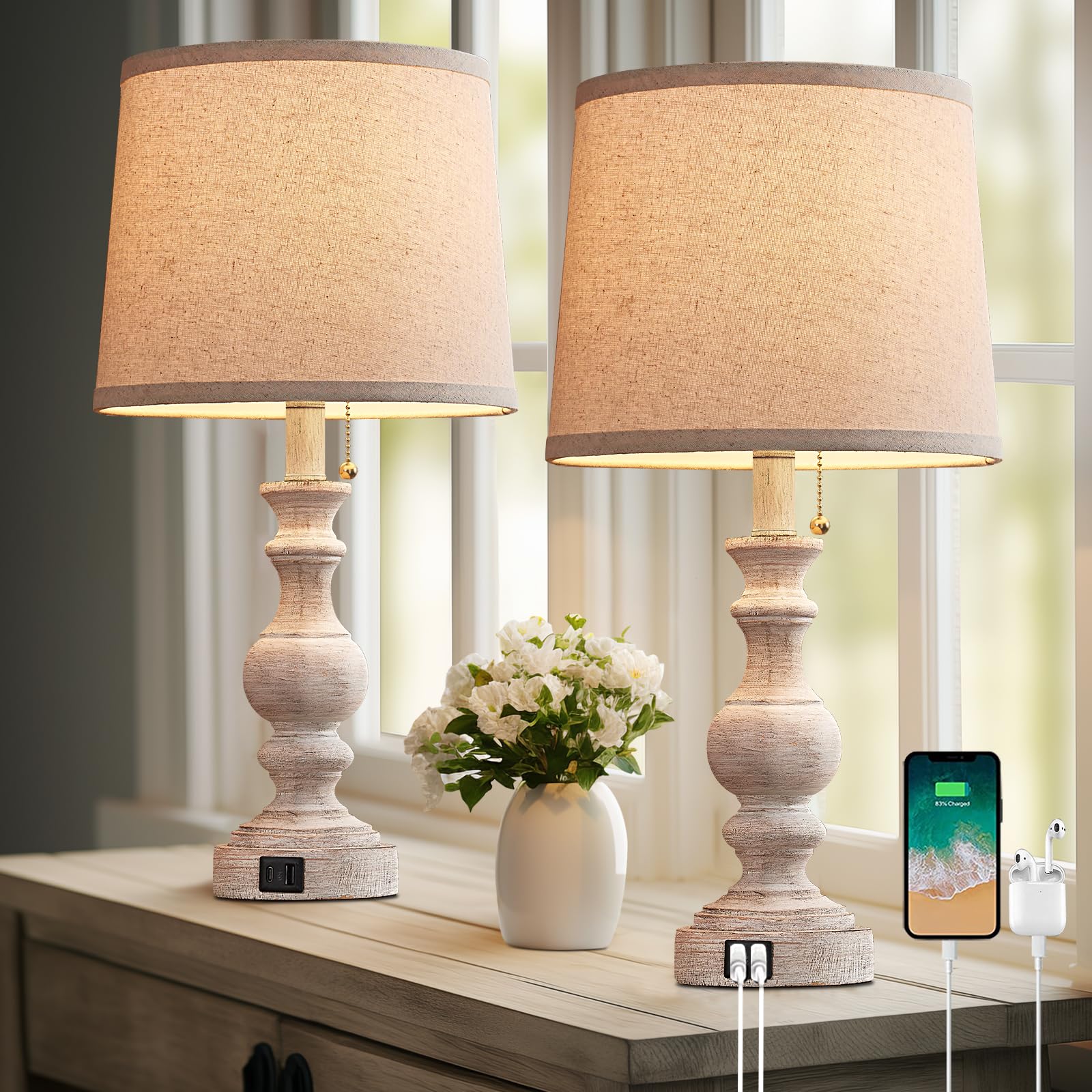 BOOUCUU Table Lamp for Bedroom Set of 2 Farmhouse Bedside Lamps for Nightstand with USB C+A Charging Ports Traditional Table Lam
