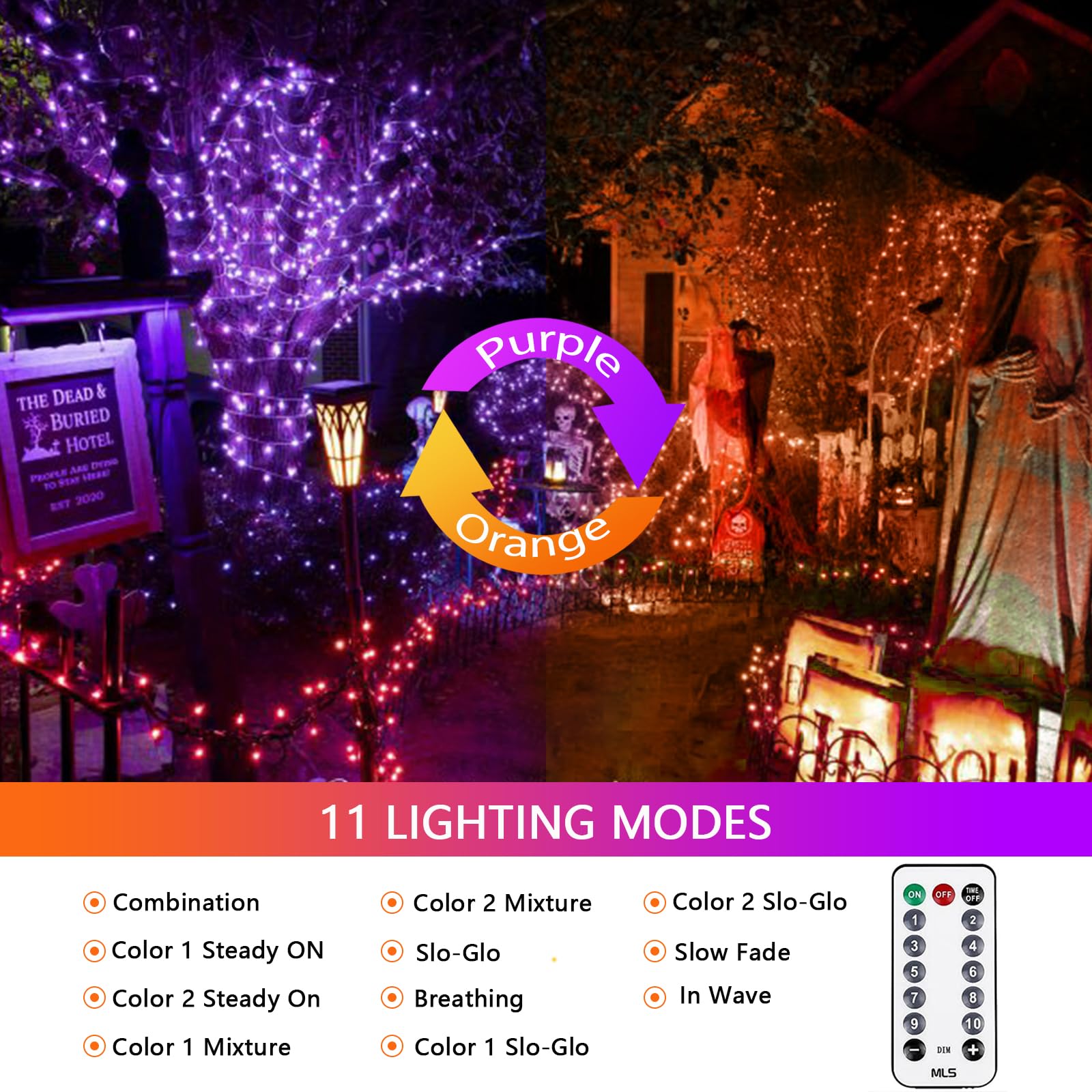 SANJICHA Halloween String Lights 200 LED 66FT Waterproof Clear Wire Orange to Purple, 11 Modes, Model MLS-D29V6WUC-O