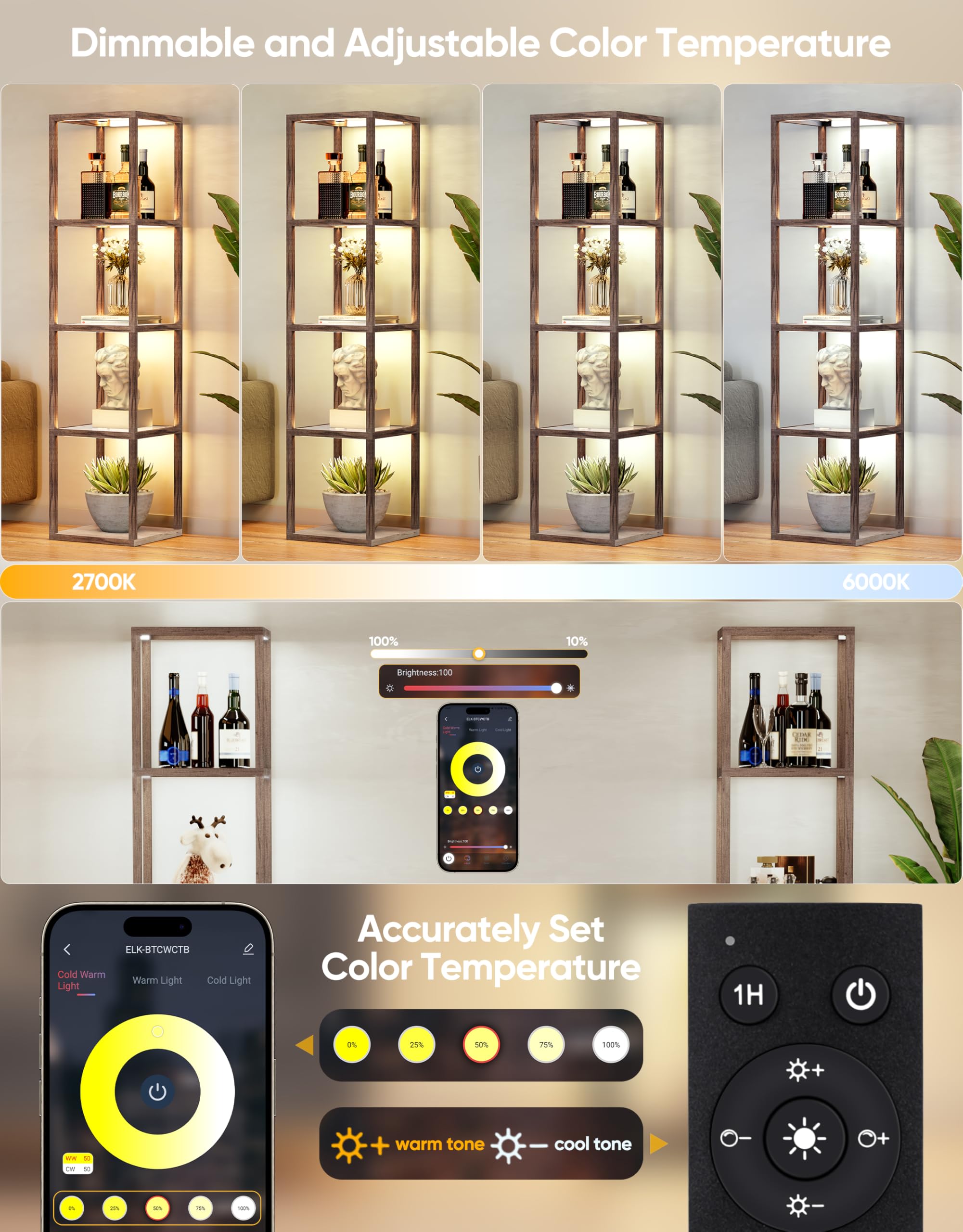 PARTPHONER Floor Lamp with Glass Display Shelf, Dimmable LED, Remote/App Control, Oak Gray, Model PAFP088AH1