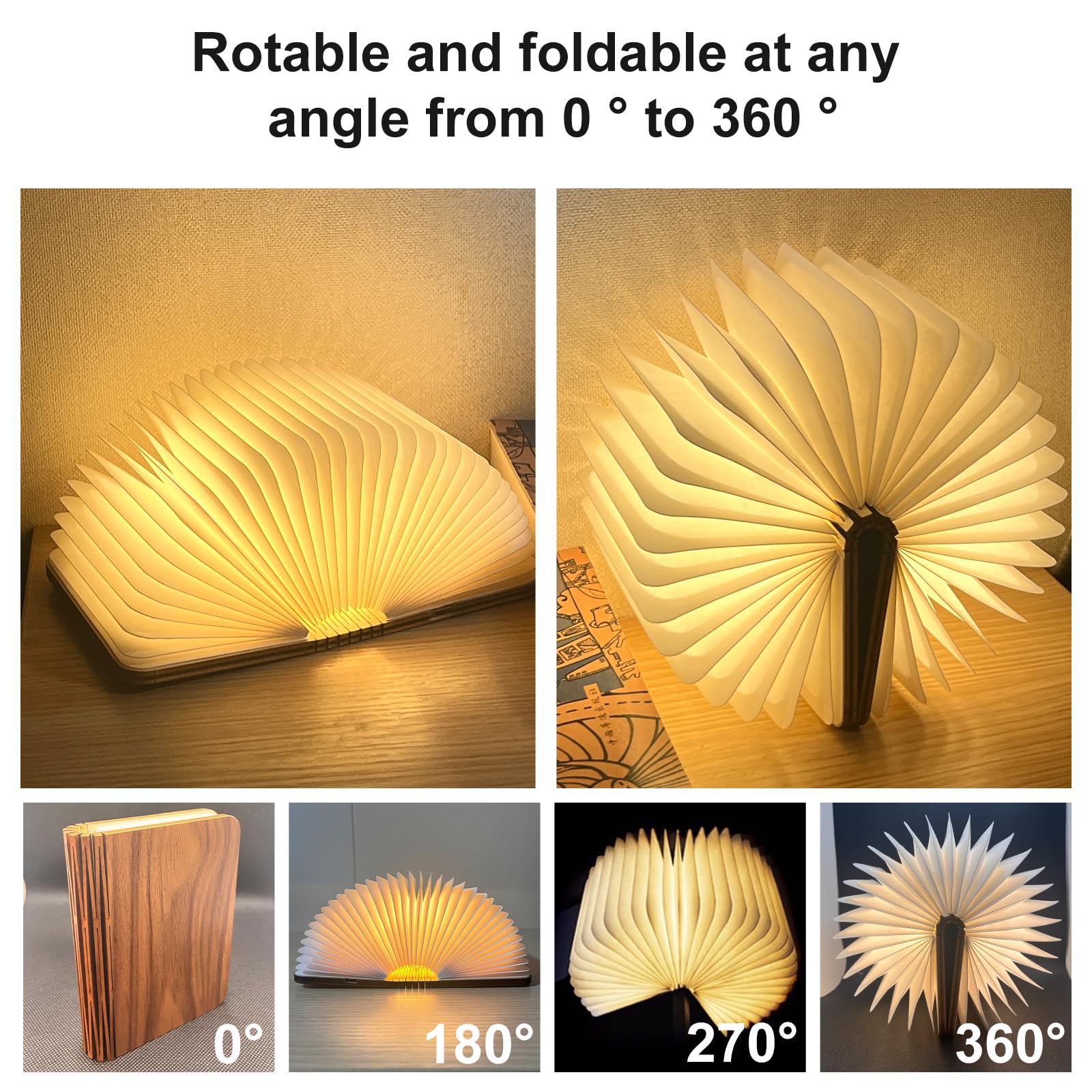 Dlufyei Folding Book Lamp, Wooden Book Light(3 Color,Portable Usb Rechargeable Night Light, Home Office Decoration Gift Led Book