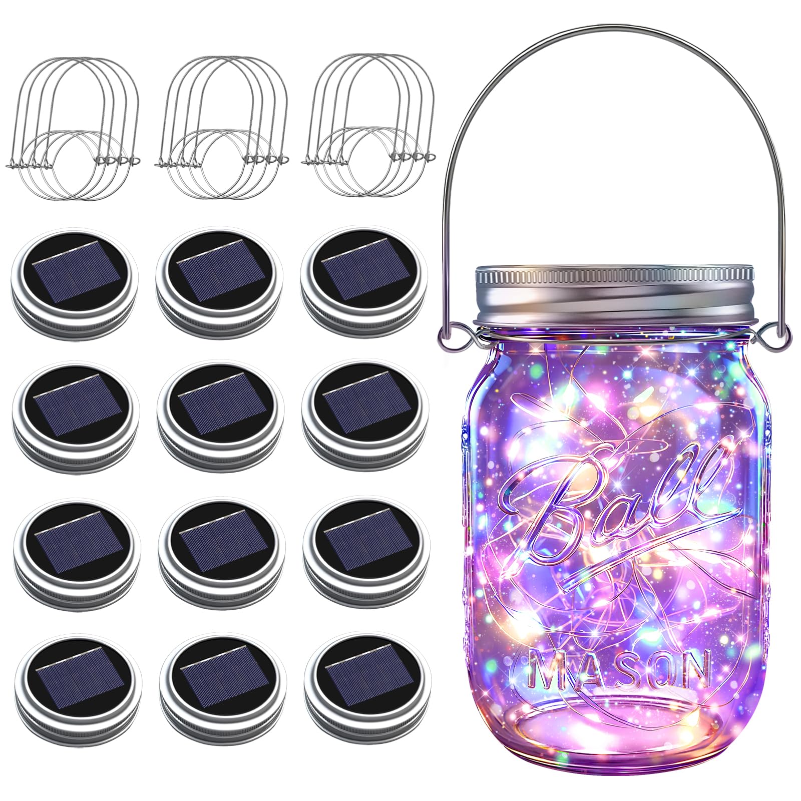 ZNYCYE Solar Mason Jar Lights, 12 Pack 30 LED Firefly String Lights, Waterproof Outdoor Hangers, Multicolor