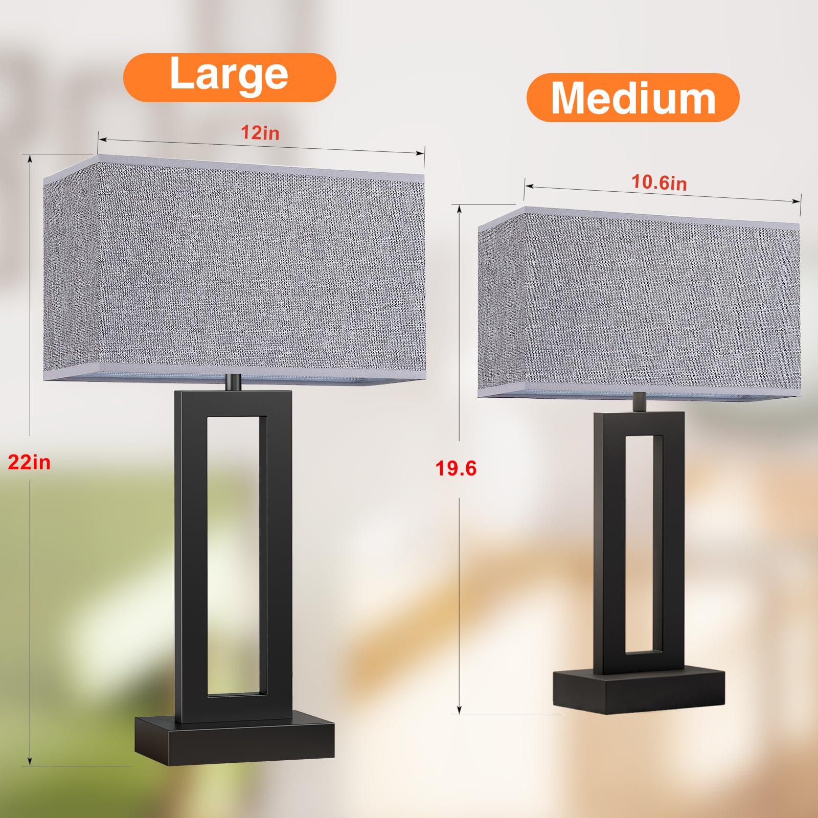 Seealle 22in Tall Modern Lamps - Touch Bedside with USB C+A, 3-Way Dimmable, Set of 2, Grey & Black, Metal