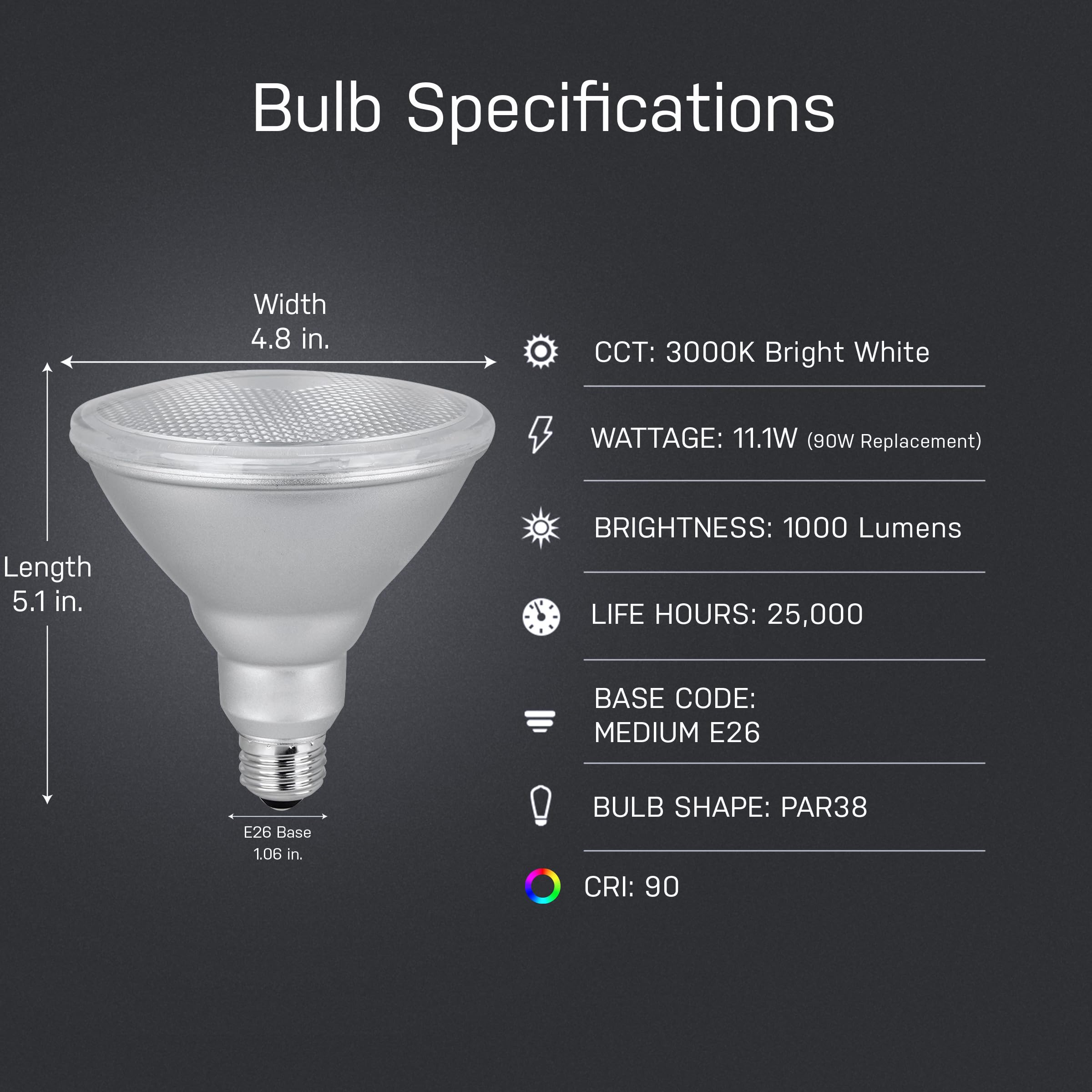Feit Electric PAR38 LED Bulb, 90W Equivalent, Dimmable, 1000 Lumen, E26 Base, 3000k Bright White, 1 Pack, Model PAR