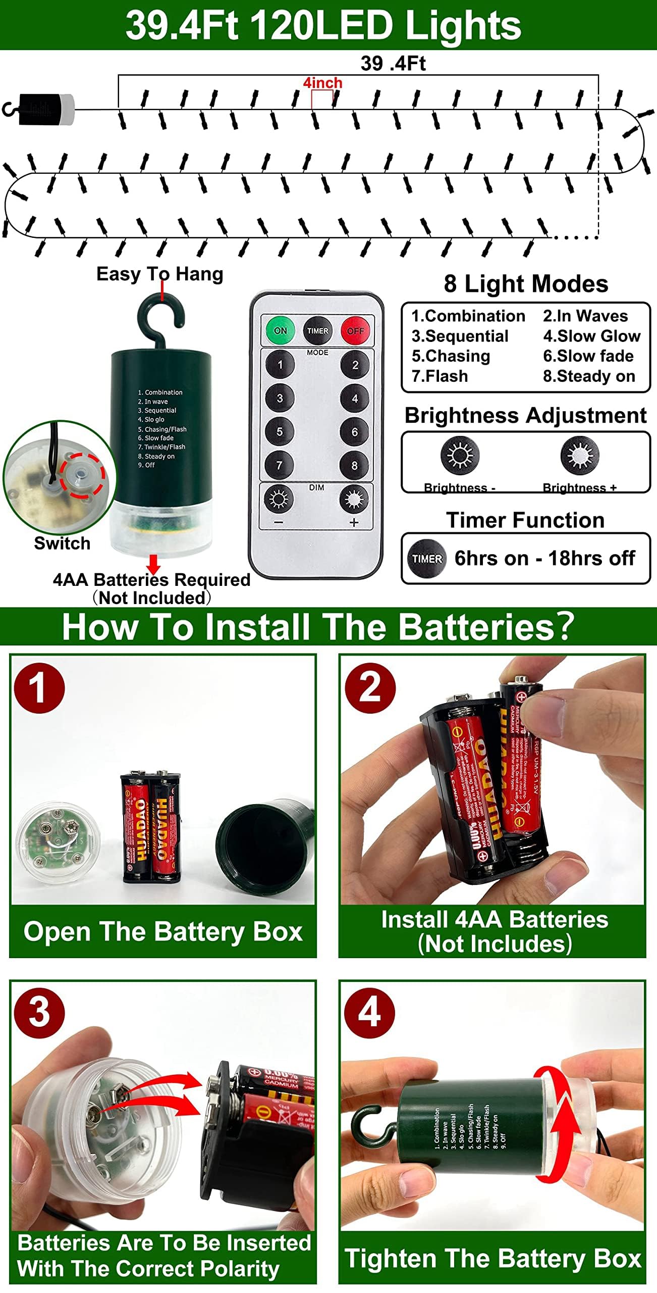 Turnmeon 120Led 39.4Ft Warm White Christmas String Lights With Timer & Remote, Waterproof