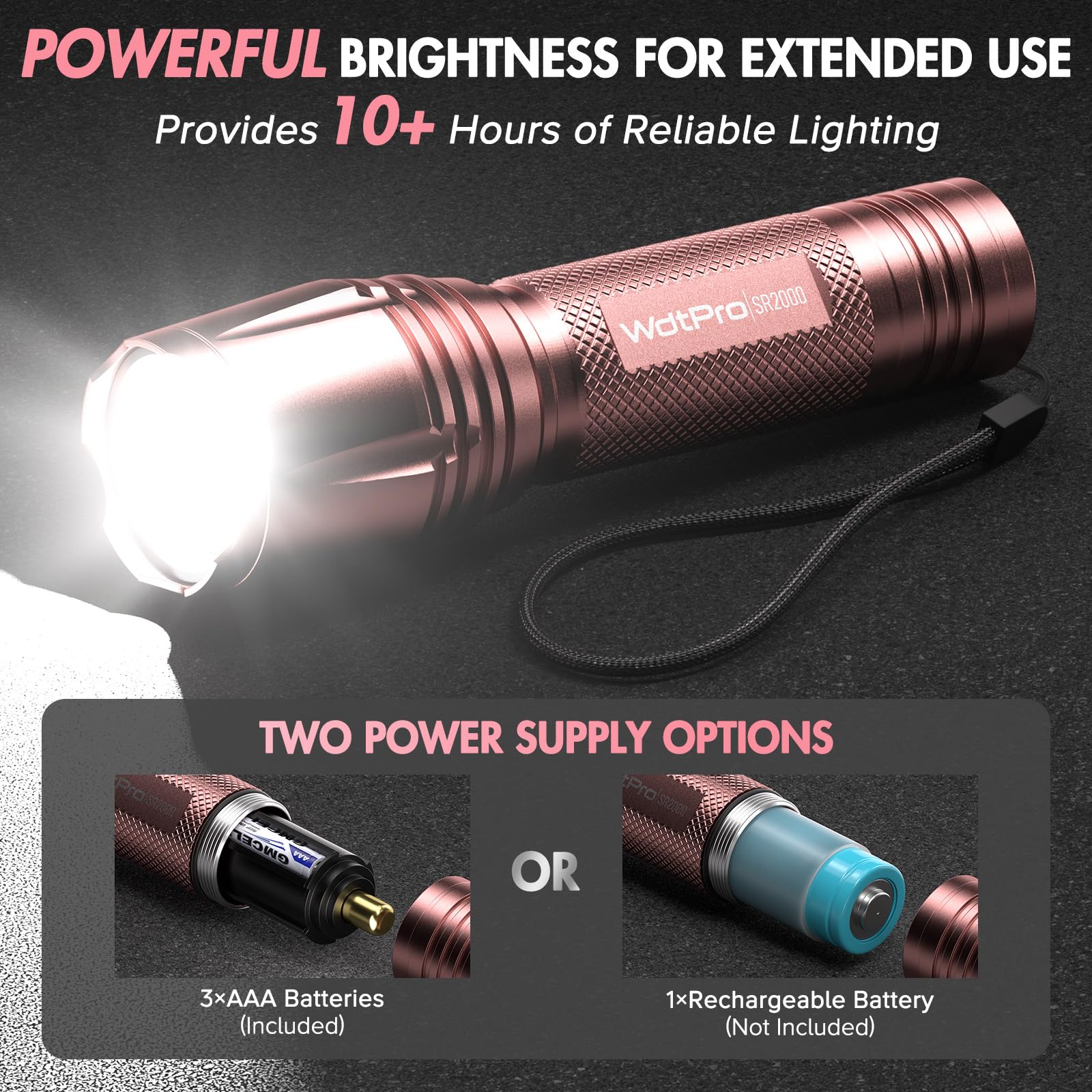 WdtPro LED Flashlight SR2000 Pro, 4 Pack, High Lumens, 5 Modes, Zoomable, Aluminum, Multicolor
