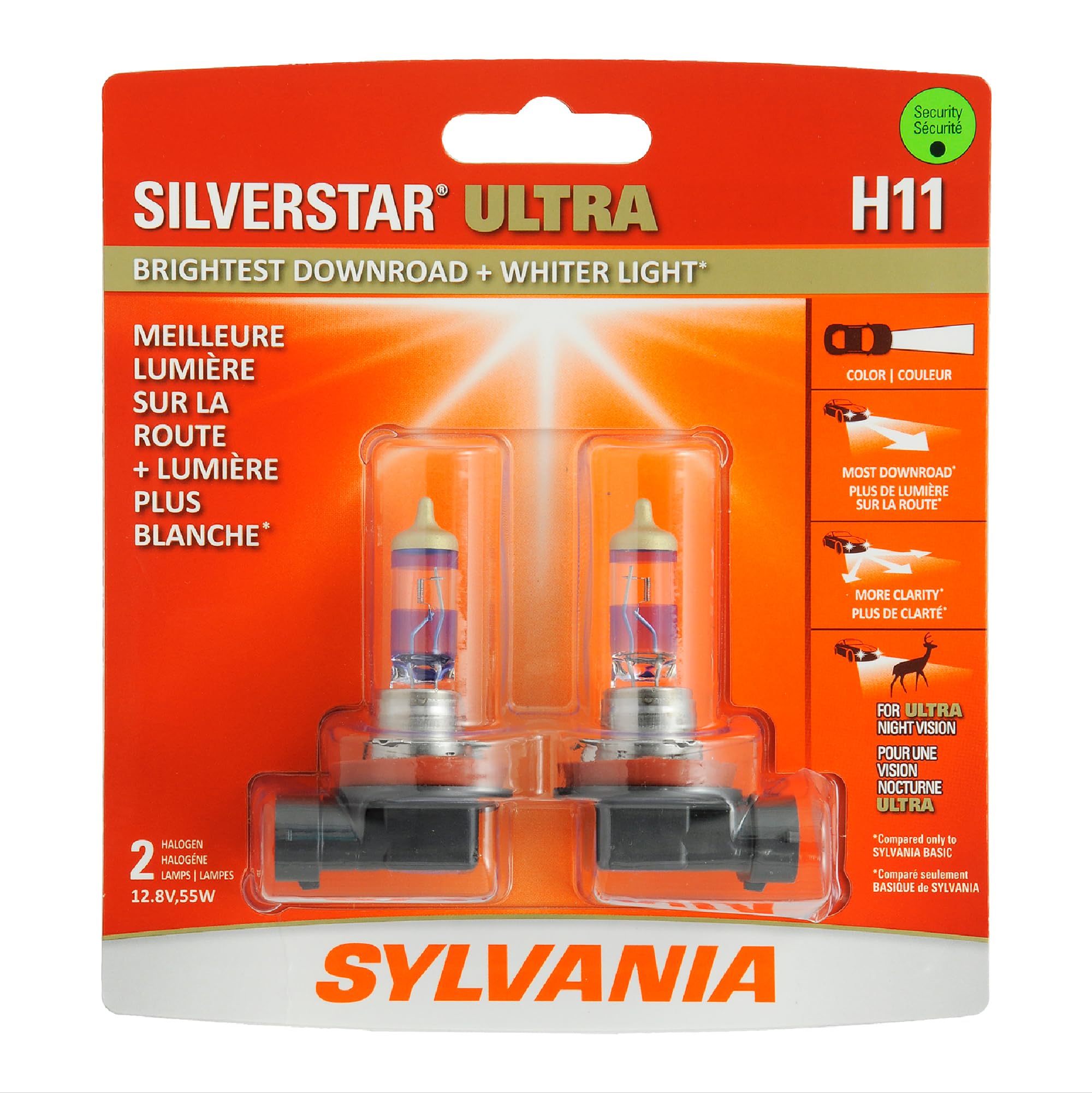 SYLVANIA H11 SilverStar Ultra Halogen Headlight Bulb - High Performance, 2 Pack, White, Model H11SU.BP2
