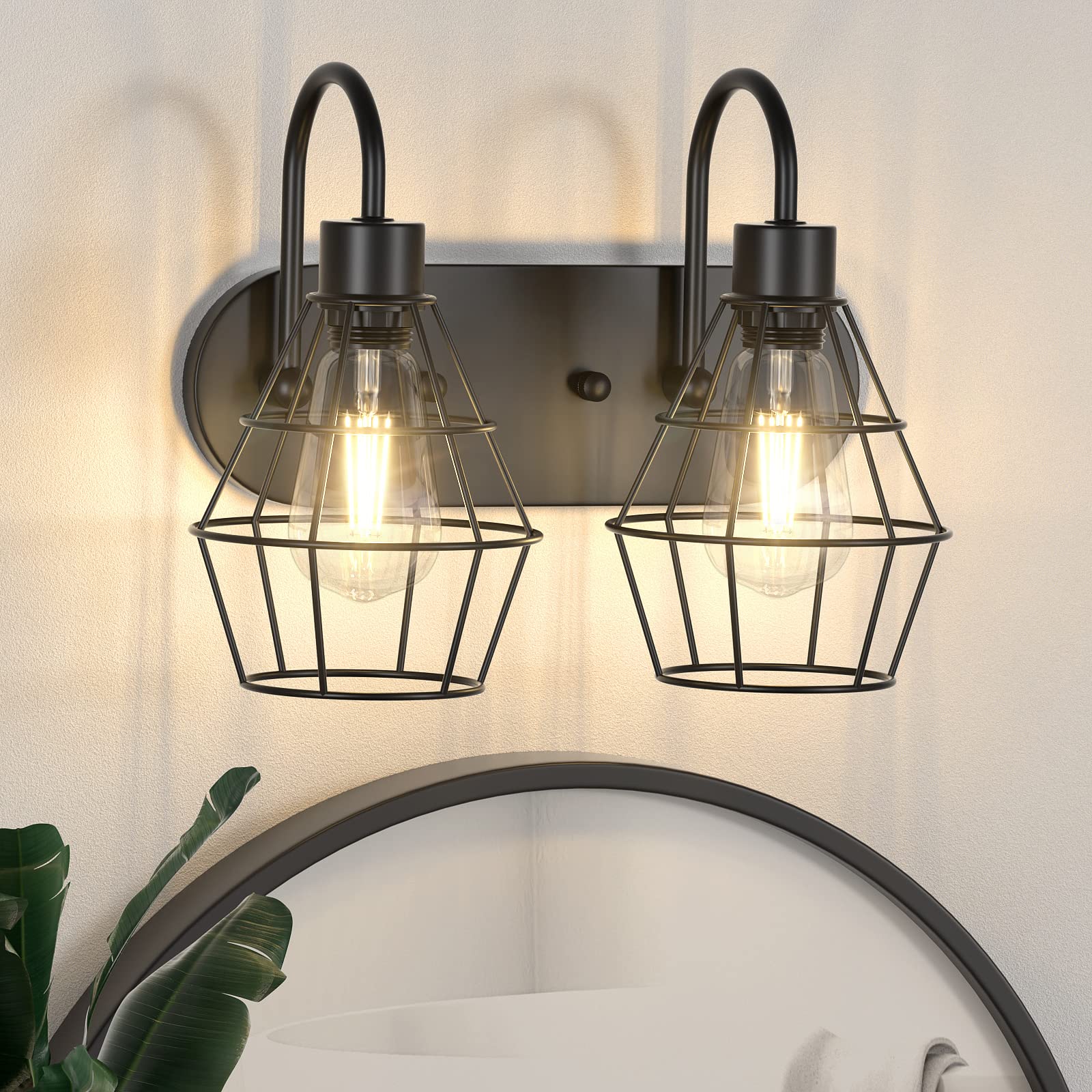 Elibbren 2-Light Bathroom Vanity Light Fixtures, Black Metal Cage Wall Sconces, Model KX-UR1O-6NXR_2L