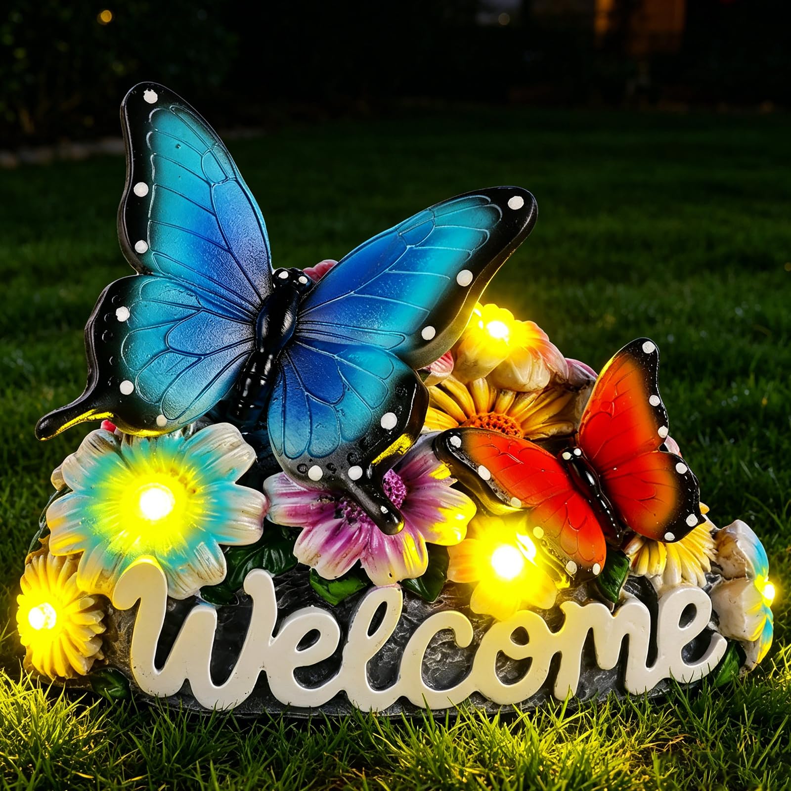 YHSOLAR Solar Butterfly Garden Statues 5.3 Resin Butterflies Figurine with Welcome Sign Solar Butterfly Lights Outdoor Balcony Y